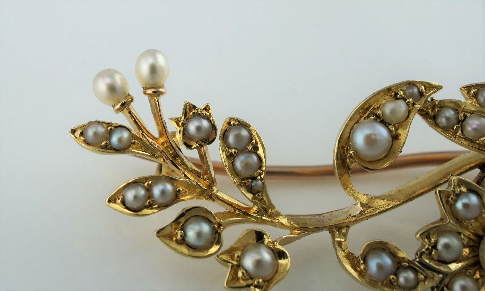 Fine Antique Edwardian Yellow Gold & Seed Pearls Floral Spray Brooch