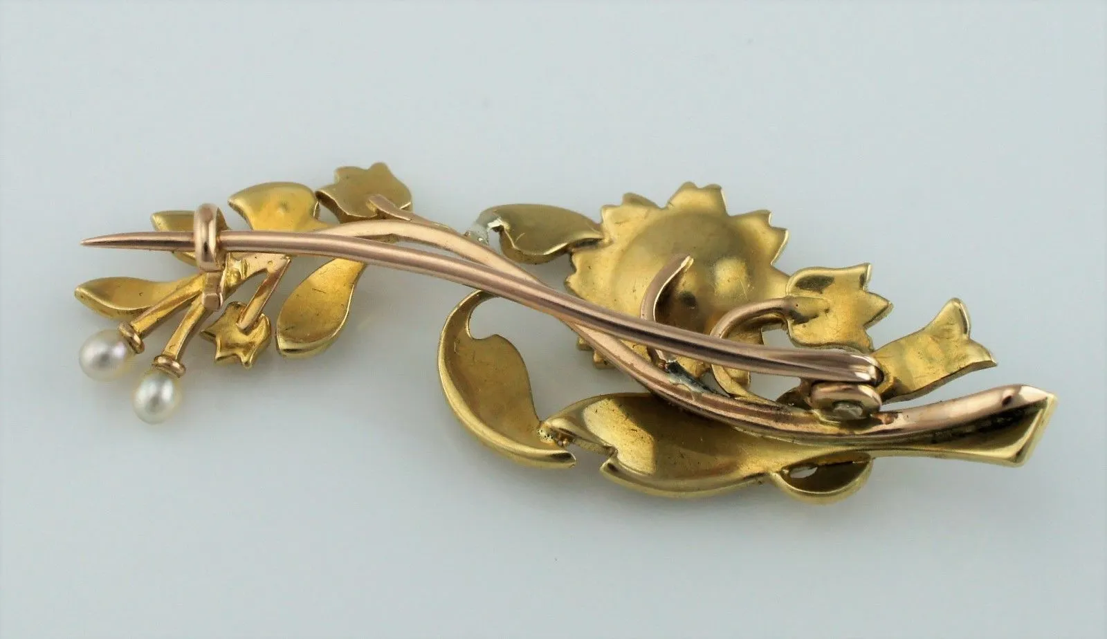 Fine Antique Edwardian Yellow Gold & Seed Pearls Floral Spray Brooch