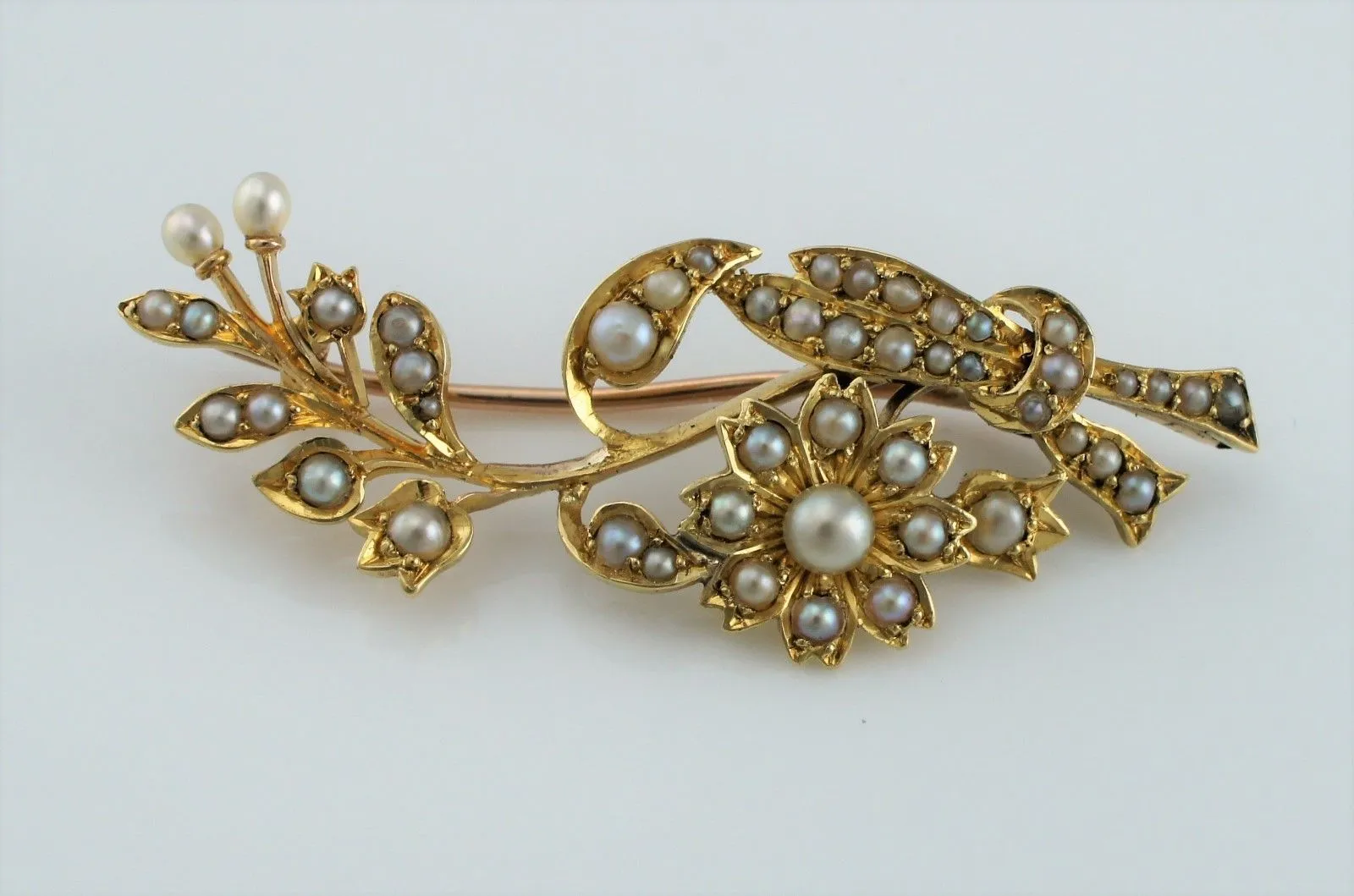 Fine Antique Edwardian Yellow Gold & Seed Pearls Floral Spray Brooch