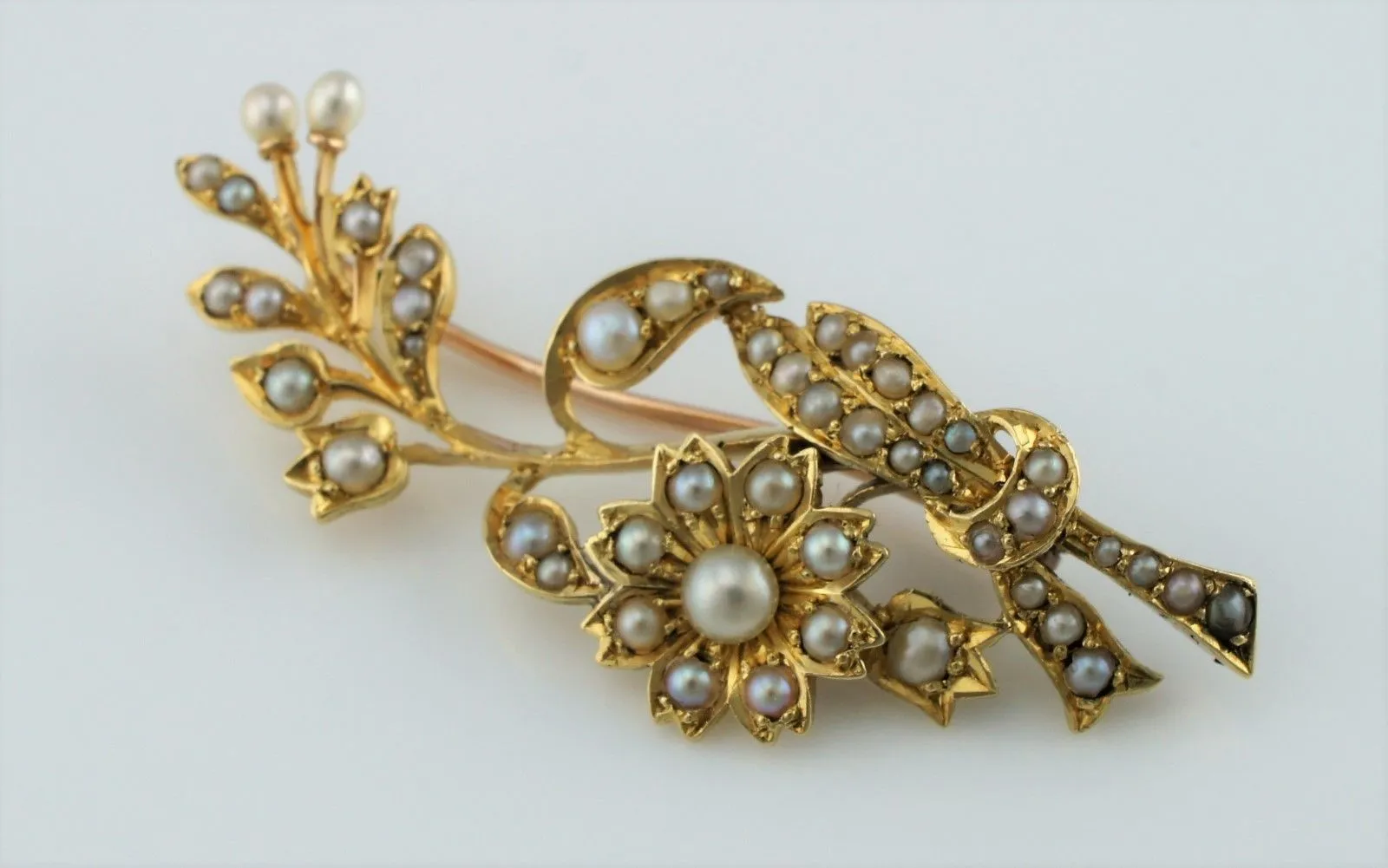 Fine Antique Edwardian Yellow Gold & Seed Pearls Floral Spray Brooch