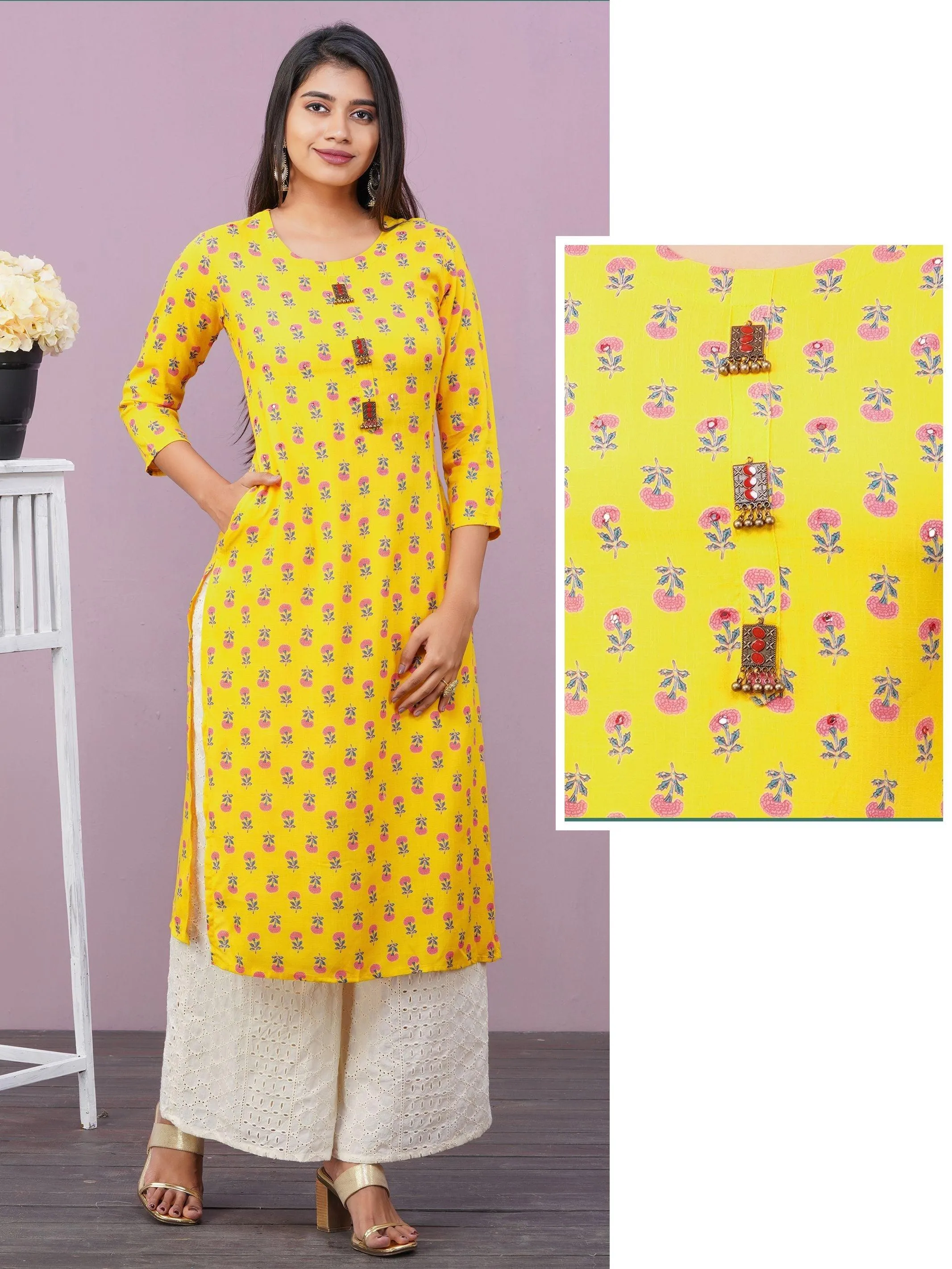 Floral Printed & Ghungroo Brooches Kurti