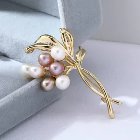 Flower Bundle Brooch with Pearls and Leaves