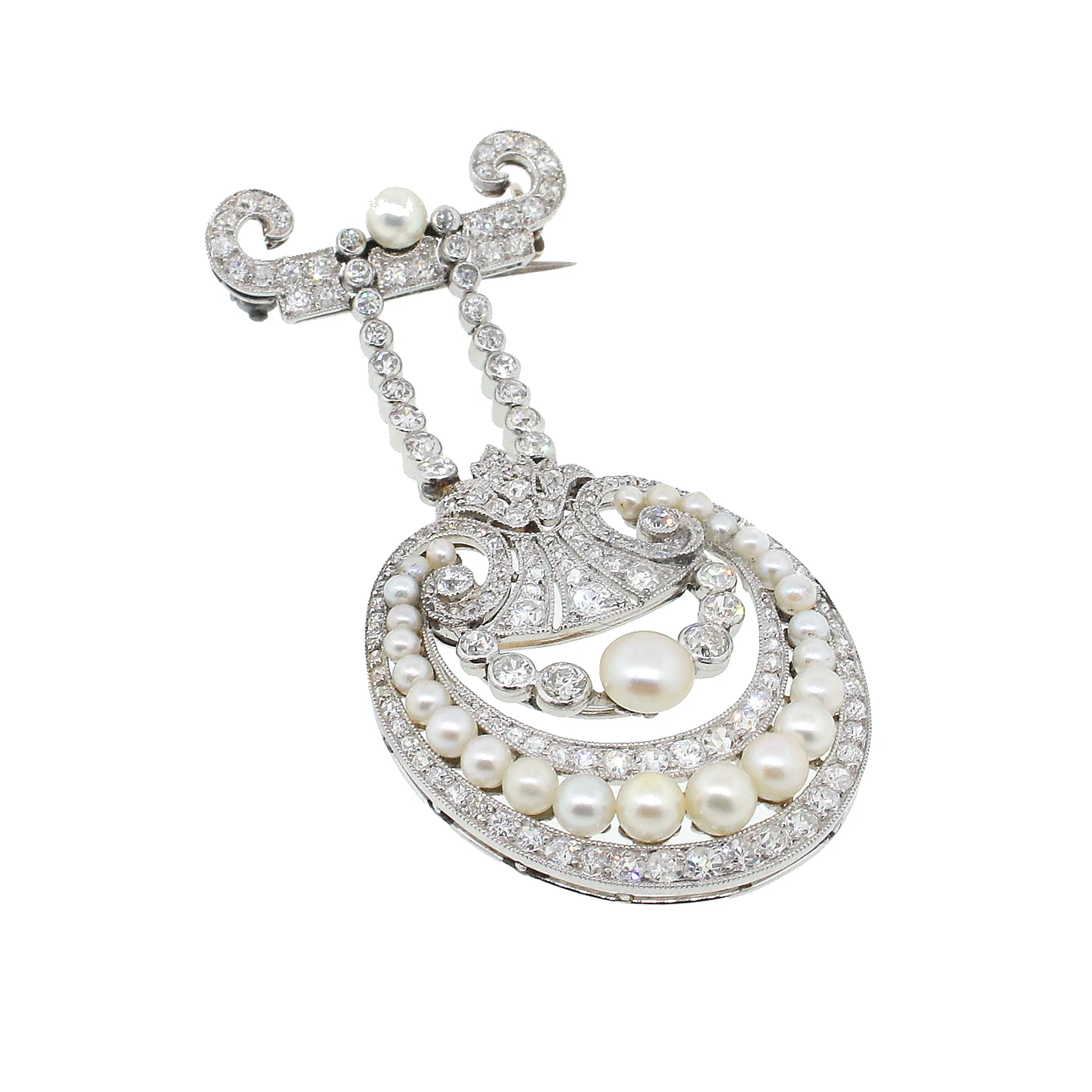 GIA Certified Natural Pearl and Diamond Platinum Brooch