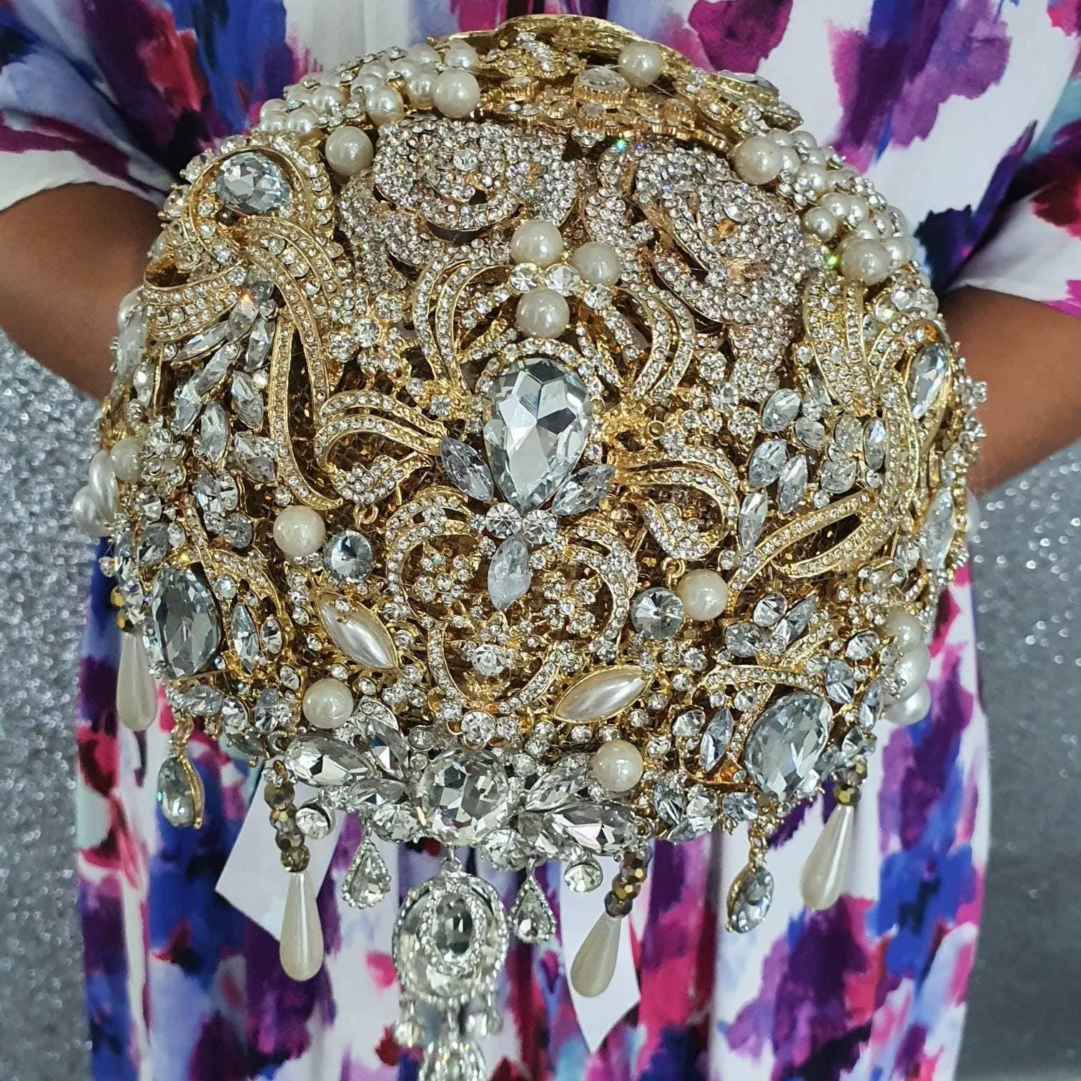 Gold Crystal cascade brooch bouquet, jewel bouquet, alternative Great Gatsby style wedding flowers. by Crystal wedding uk