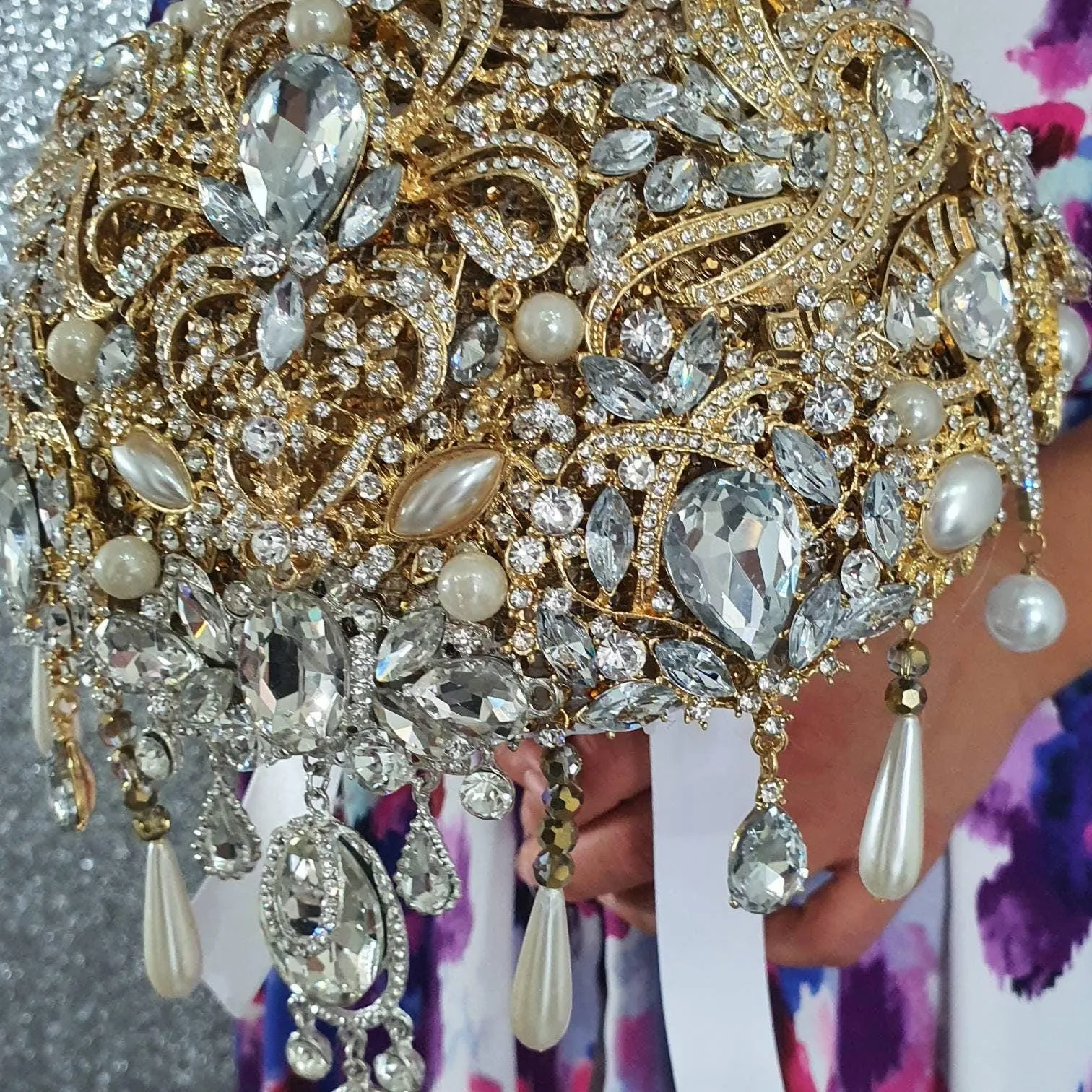 Gold Crystal cascade brooch bouquet, jewel bouquet, alternative Great Gatsby style wedding flowers. by Crystal wedding uk