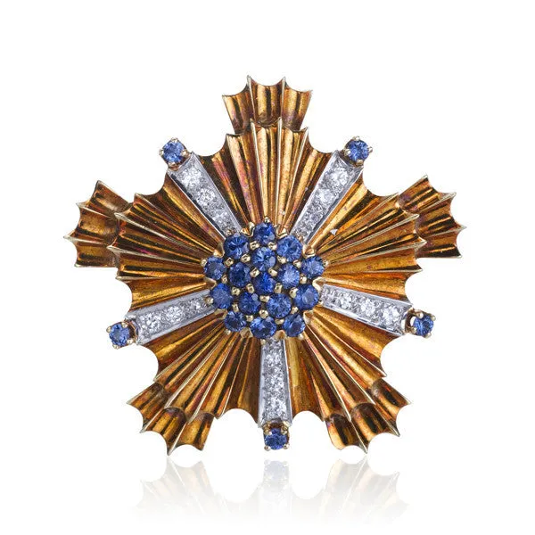 Gold Sapphire & Diamond Sunburst Pin