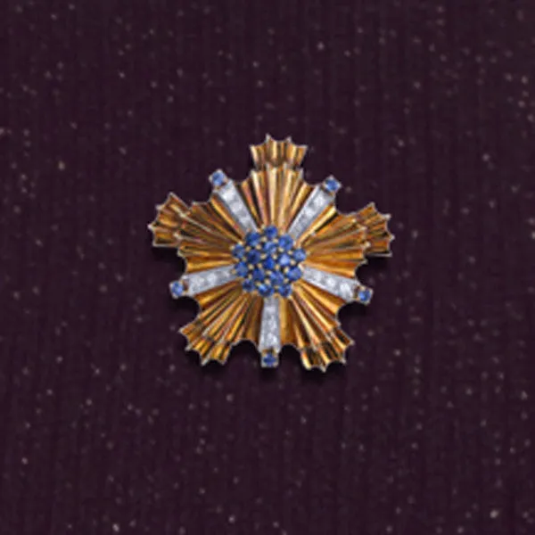 Gold Sapphire & Diamond Sunburst Pin