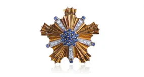 Gold Sapphire & Diamond Sunburst Pin