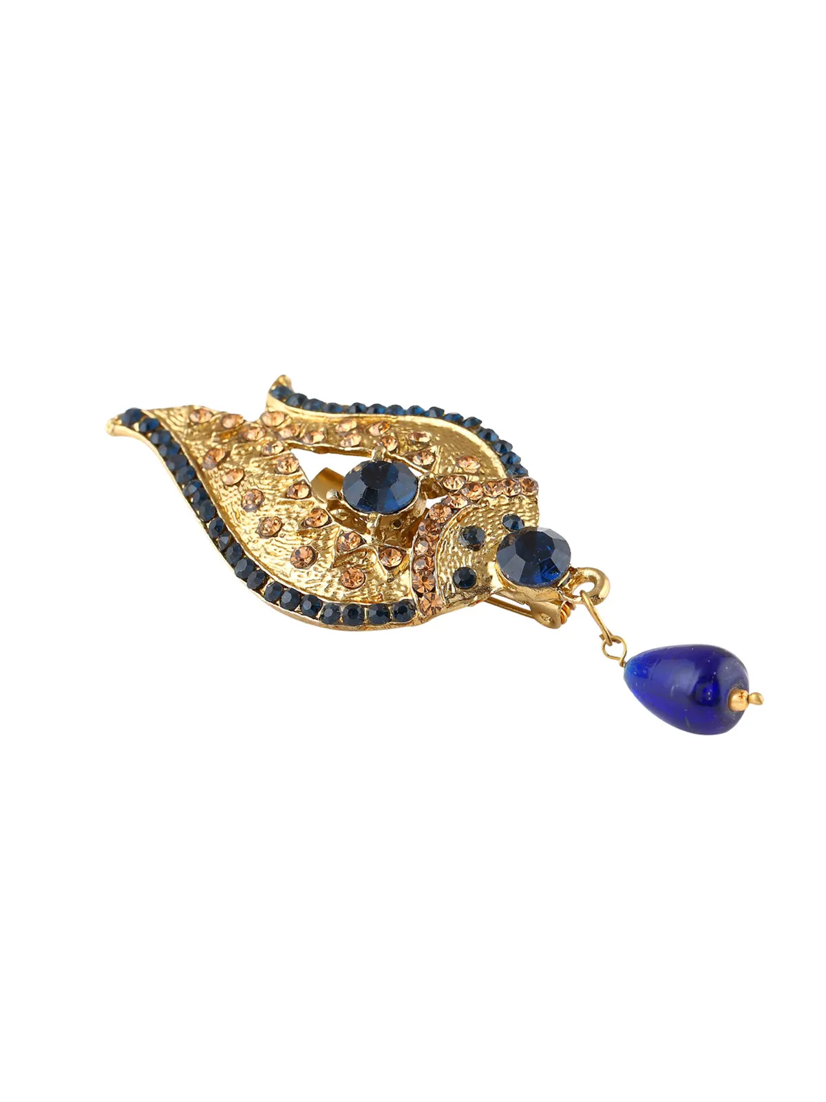 Golden Leaf Design Ethnic Diamond Brooch with Pearl Hanging