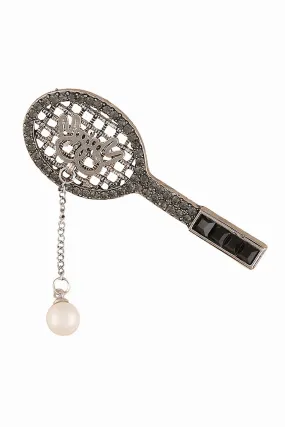 Gunmetal Finish Diamond Badminton Racquet Brooch Pin