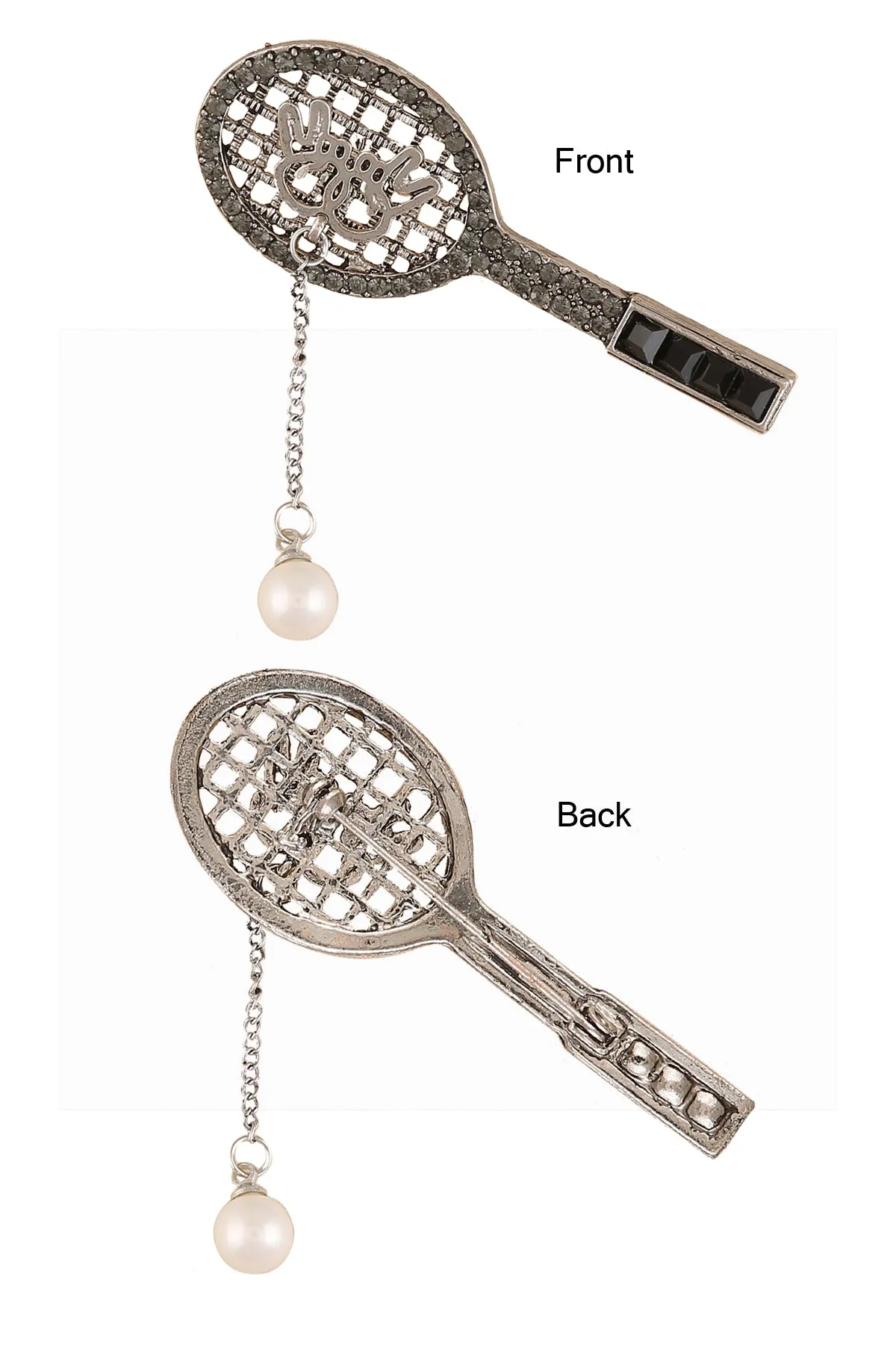 Gunmetal Finish Diamond Badminton Racquet Brooch Pin