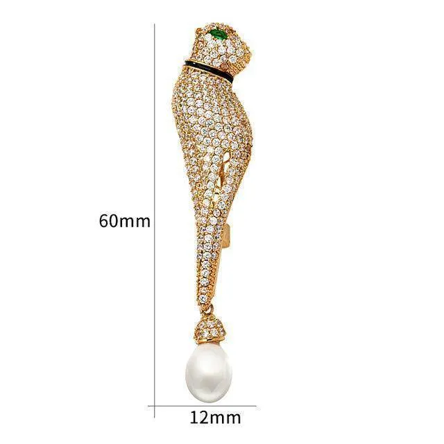 High Quality Cubic Zirconia Green Eye Leopard Brooches with Pearl