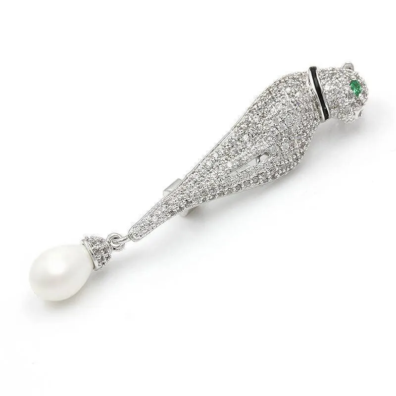 High Quality Cubic Zirconia Green Eye Leopard Brooches with Pearl