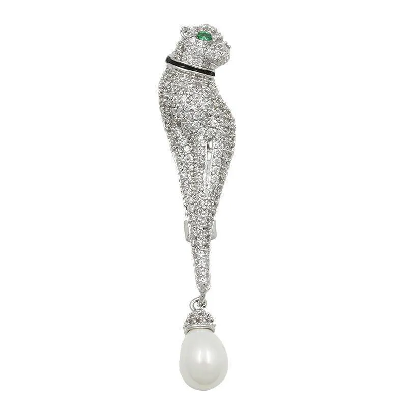 High Quality Cubic Zirconia Green Eye Leopard Brooches with Pearl