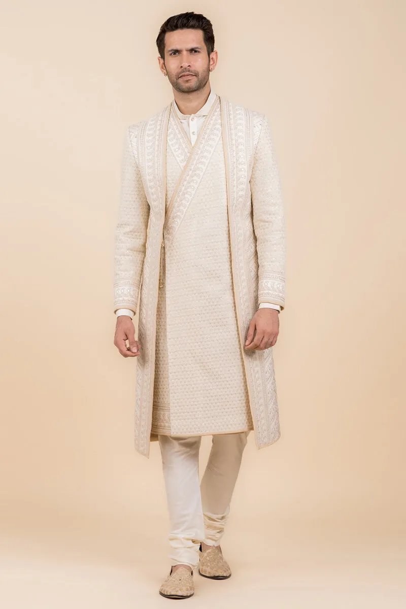 Ivory Angarakha Style Layered Sherwani