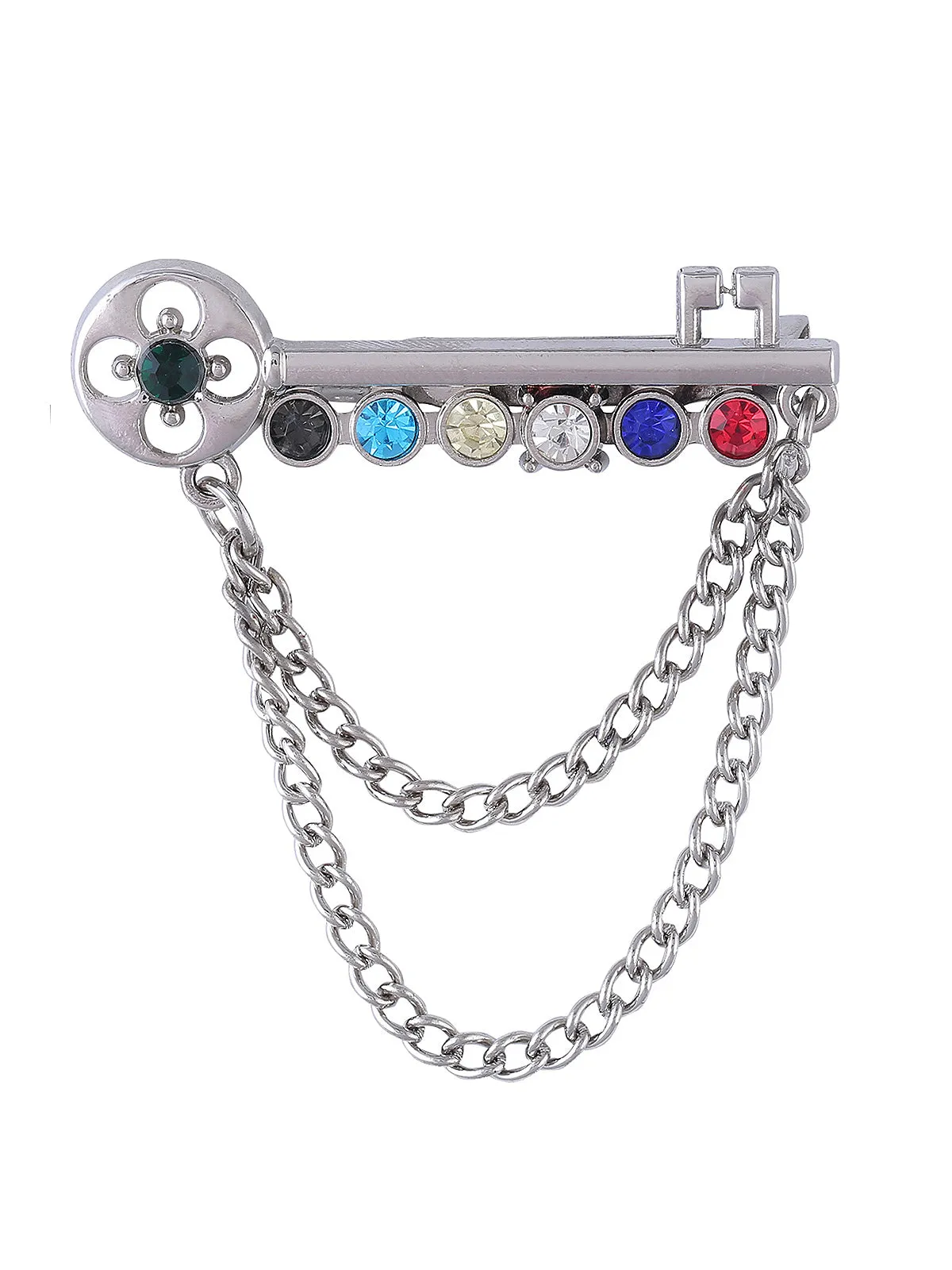 Key Shaped Multicoloured Brooch with Chain Hanging