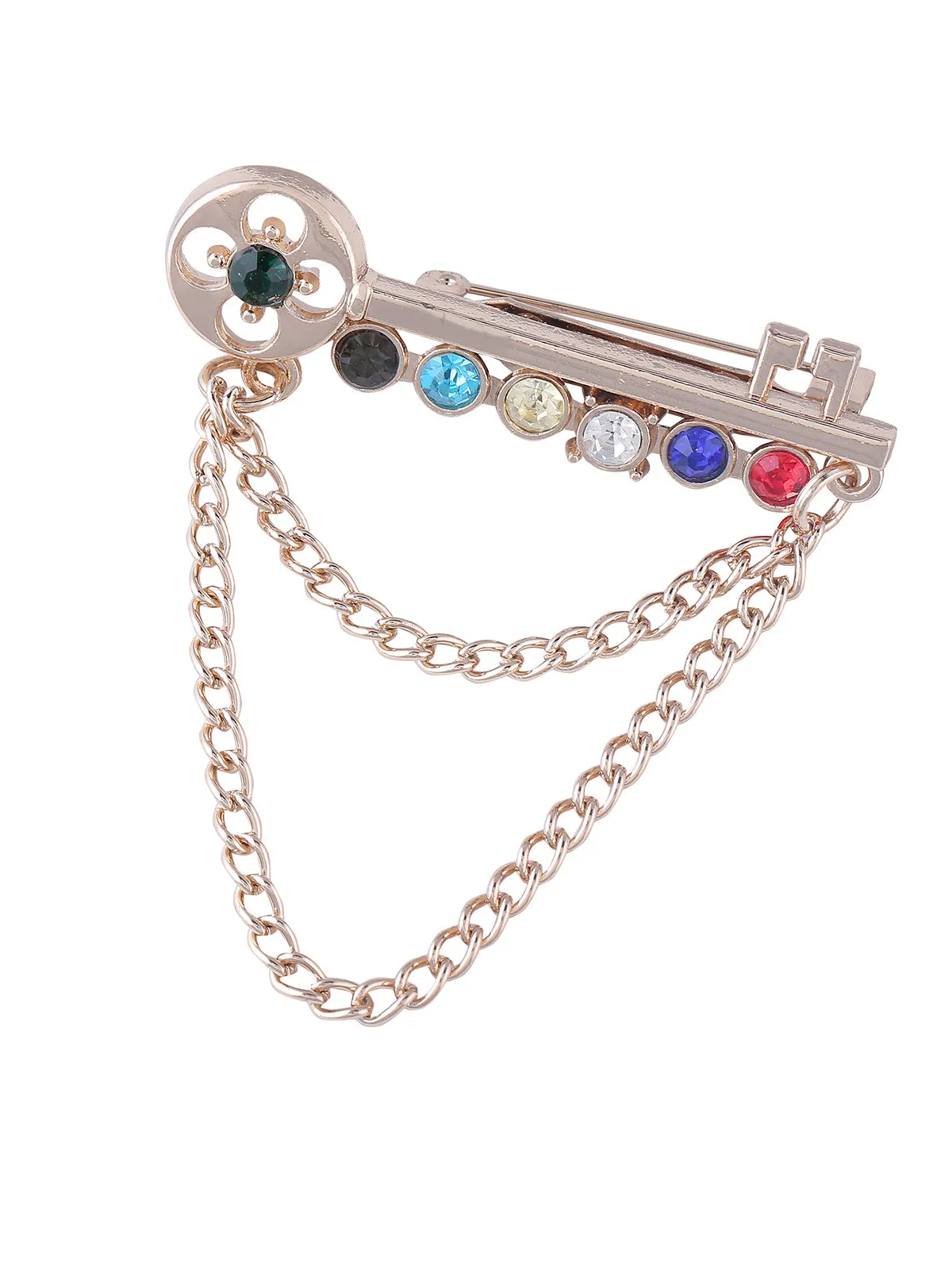 Key Shaped Multicoloured Brooch with Chain Hanging