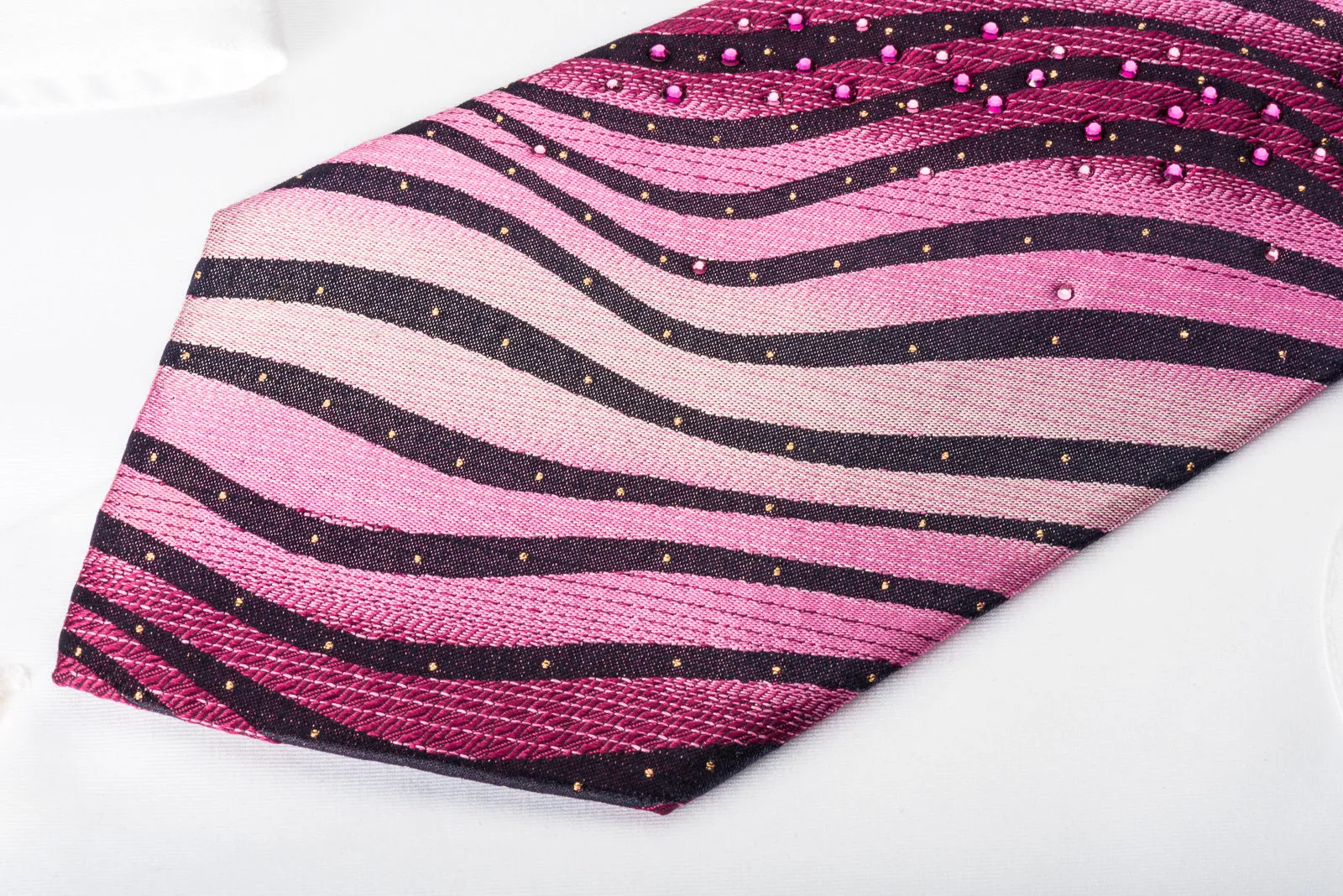 Lancetti Silk Rhinestone Necktie Pink Black Zebra Striped With Silver Sparkles