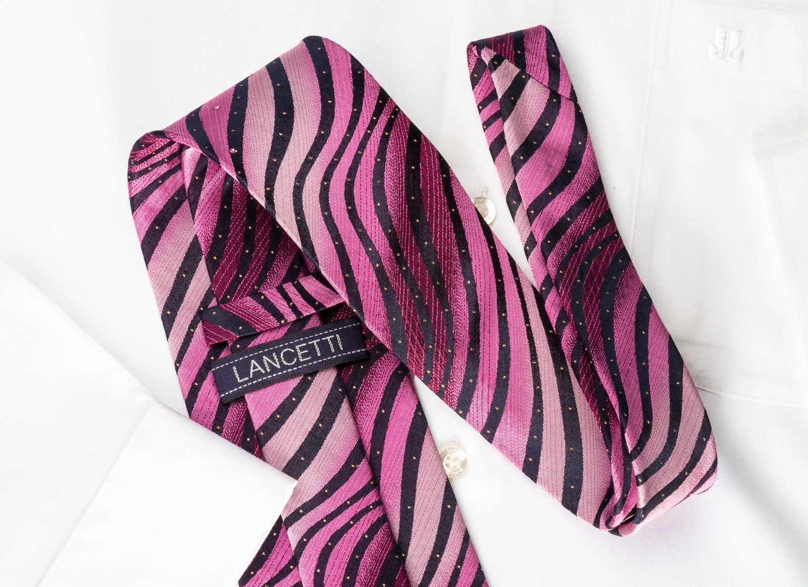 Lancetti Silk Rhinestone Necktie Pink Black Zebra Striped With Silver Sparkles