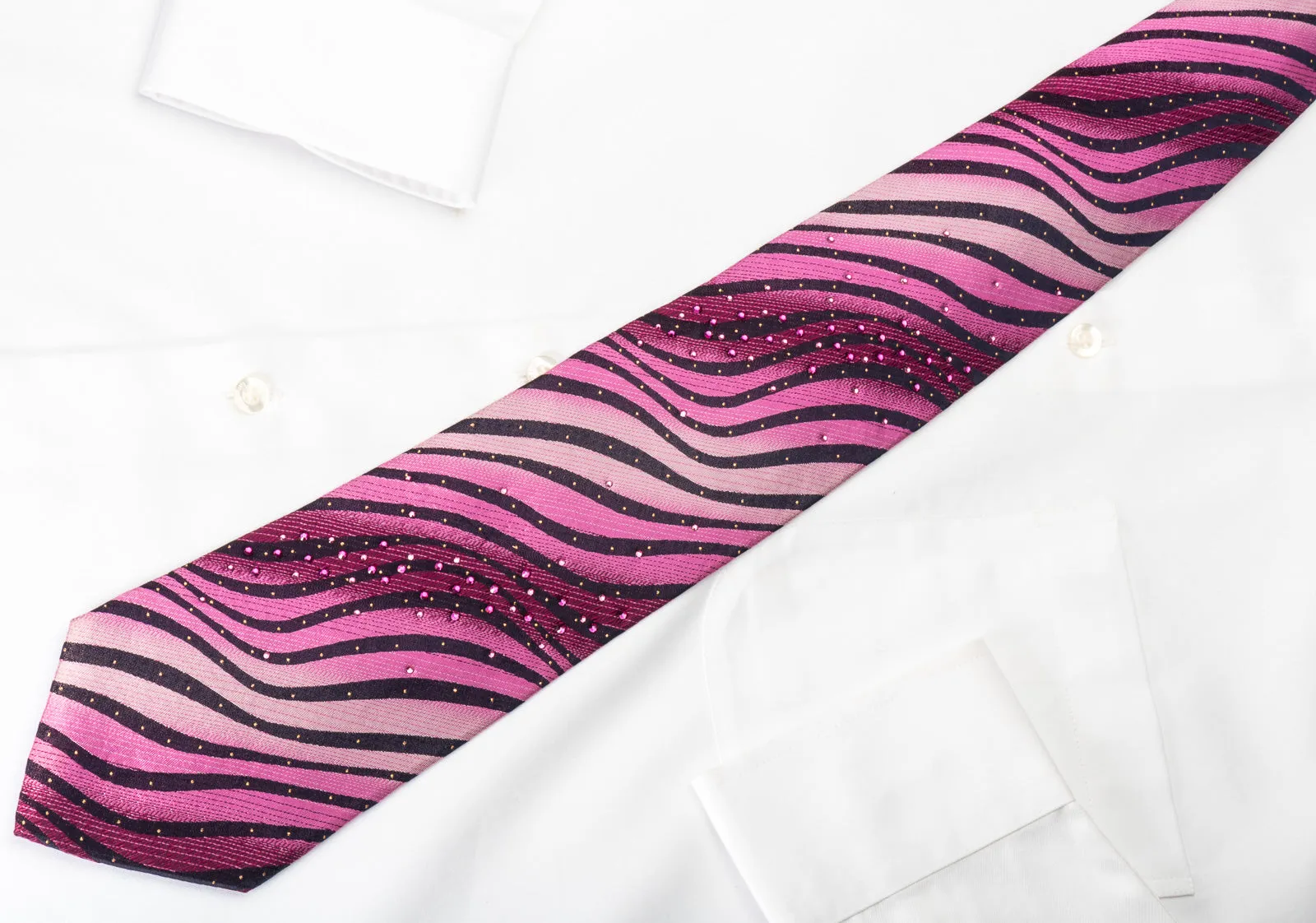 Lancetti Silk Rhinestone Necktie Pink Black Zebra Striped With Silver Sparkles