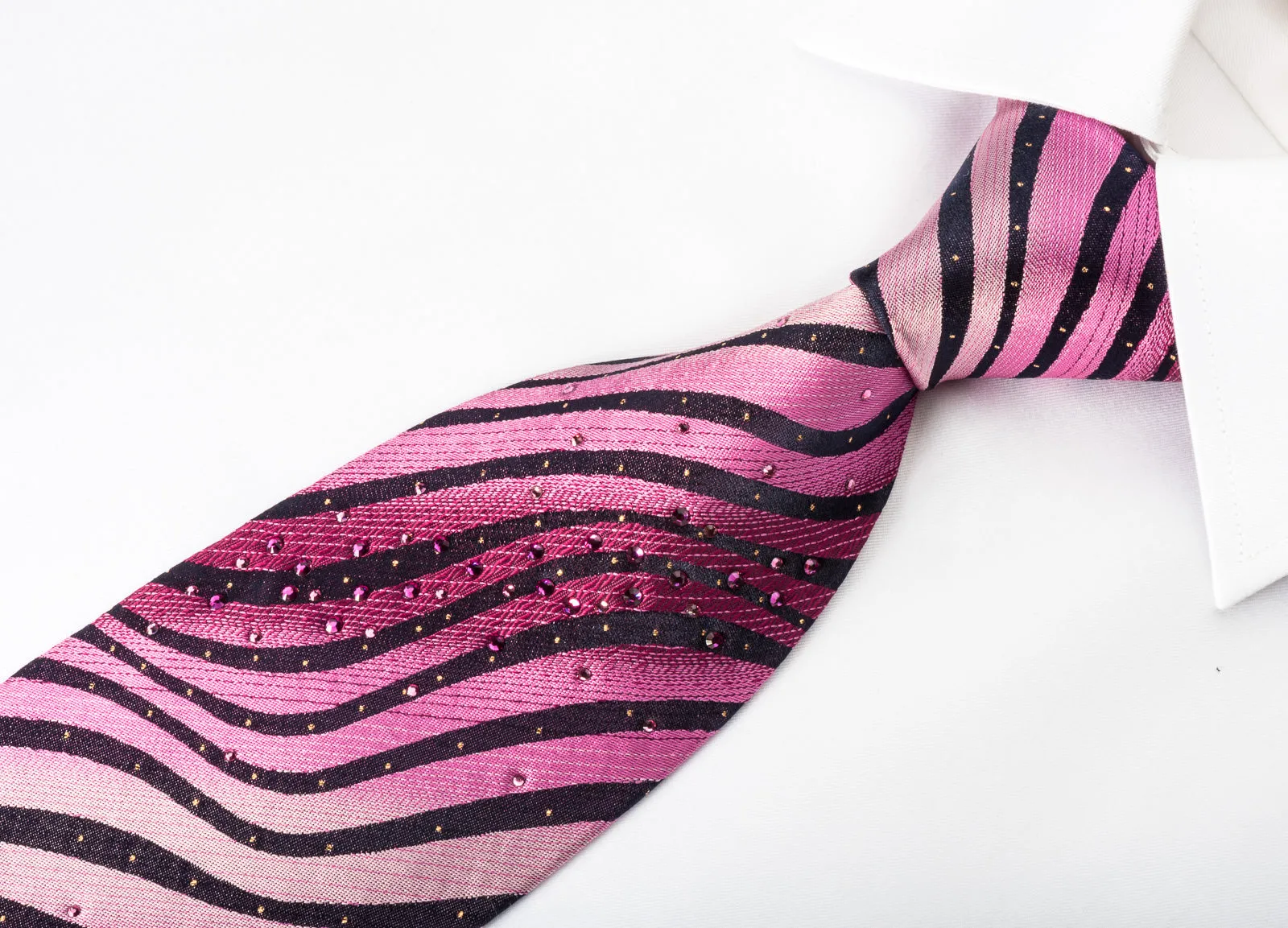 Lancetti Silk Rhinestone Necktie Pink Black Zebra Striped With Silver Sparkles