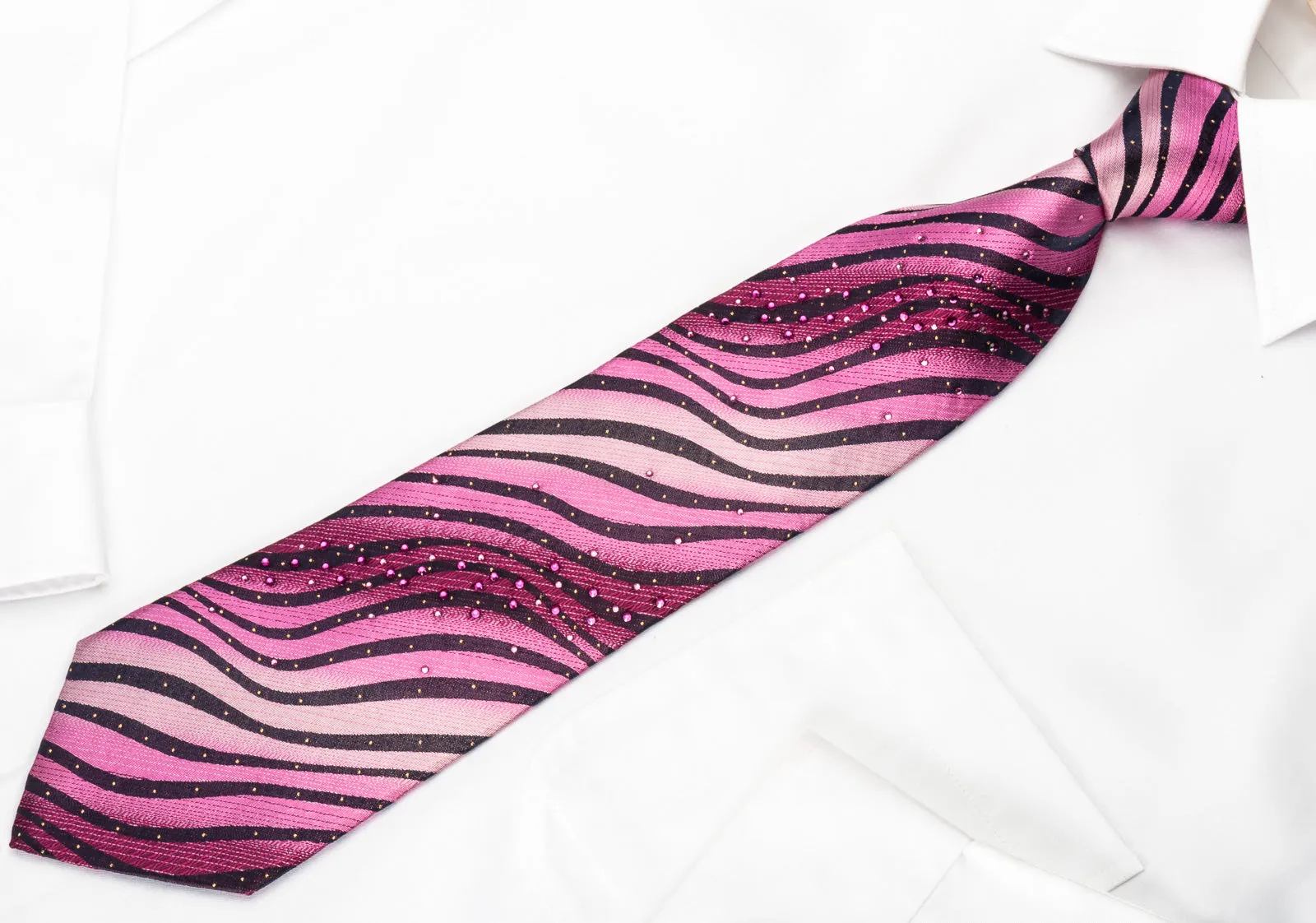 Lancetti Silk Rhinestone Necktie Pink Black Zebra Striped With Silver Sparkles