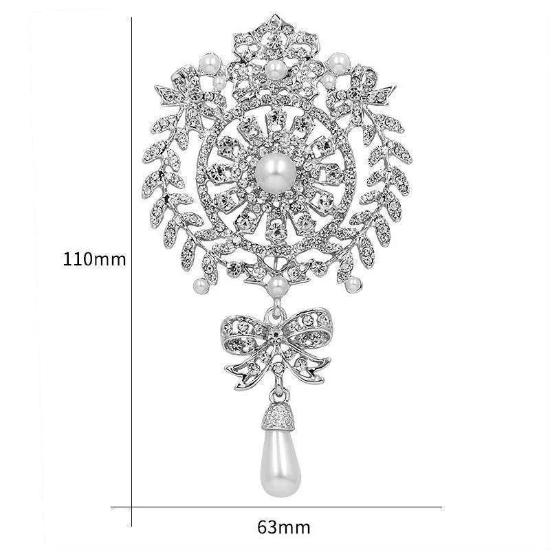 Large Size Crystal Diamante and Imitation Pearl Drop Scroll Brooches