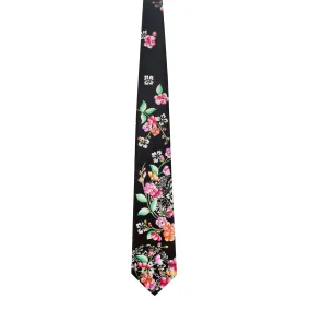 Leonard Black Silk Satin 8cm Tie with Floral Prints