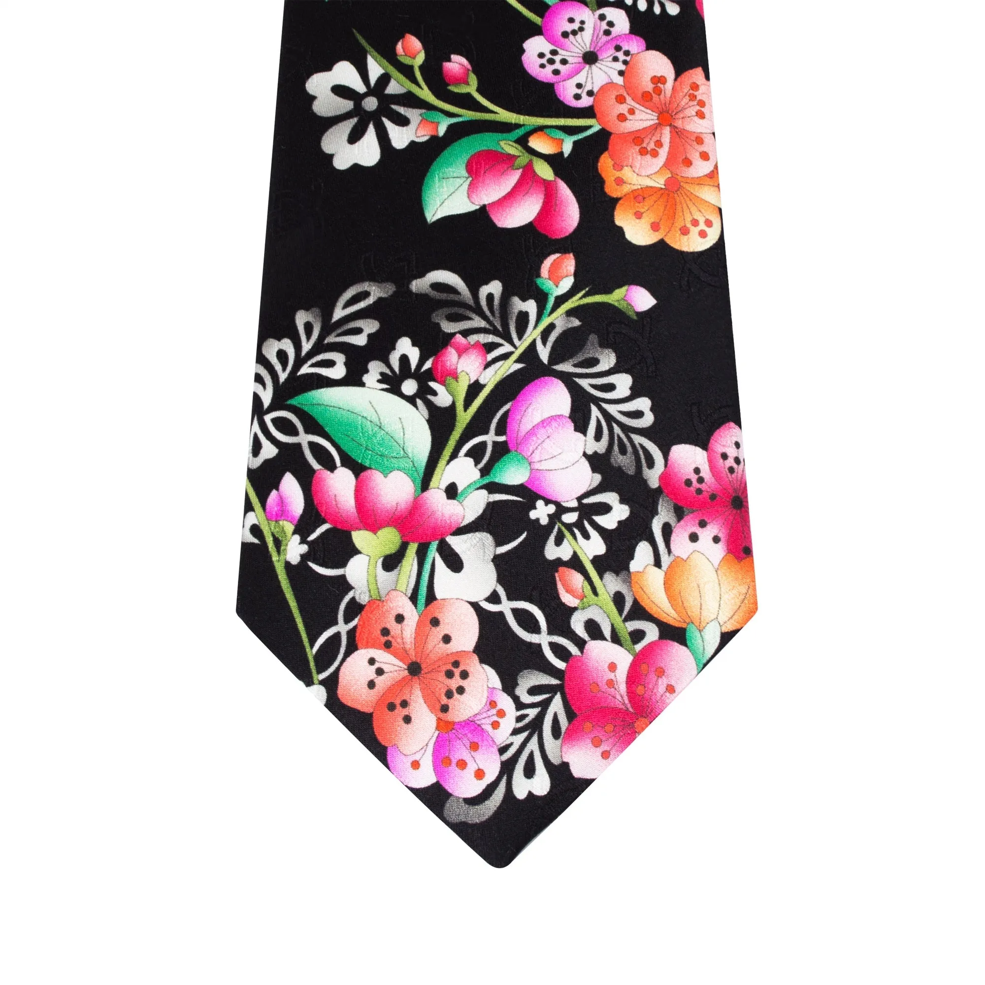 Leonard Black Silk Satin 8cm Tie with Floral Prints