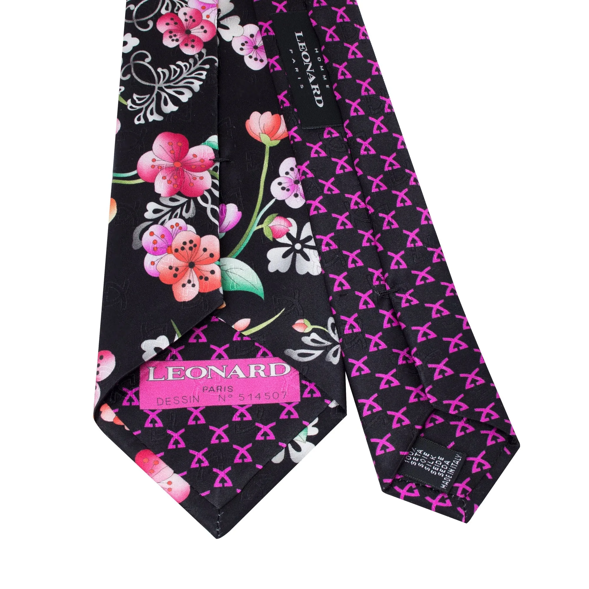 Leonard Black Silk Satin 8cm Tie with Floral Prints