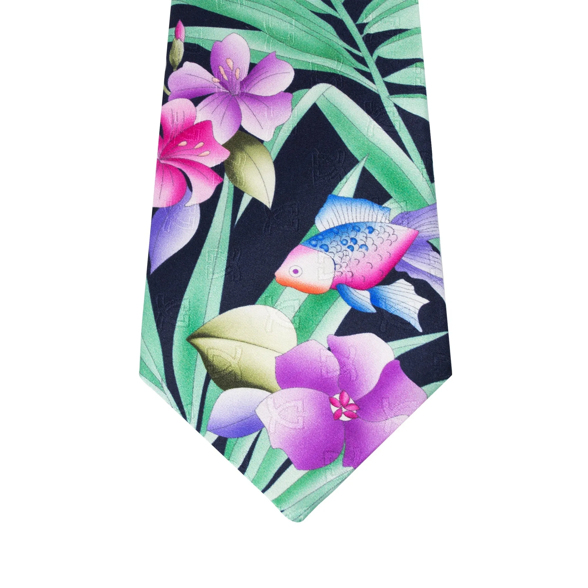 Leonard Navy Silk Satin 8cm Tie with Floral and Fish Prints