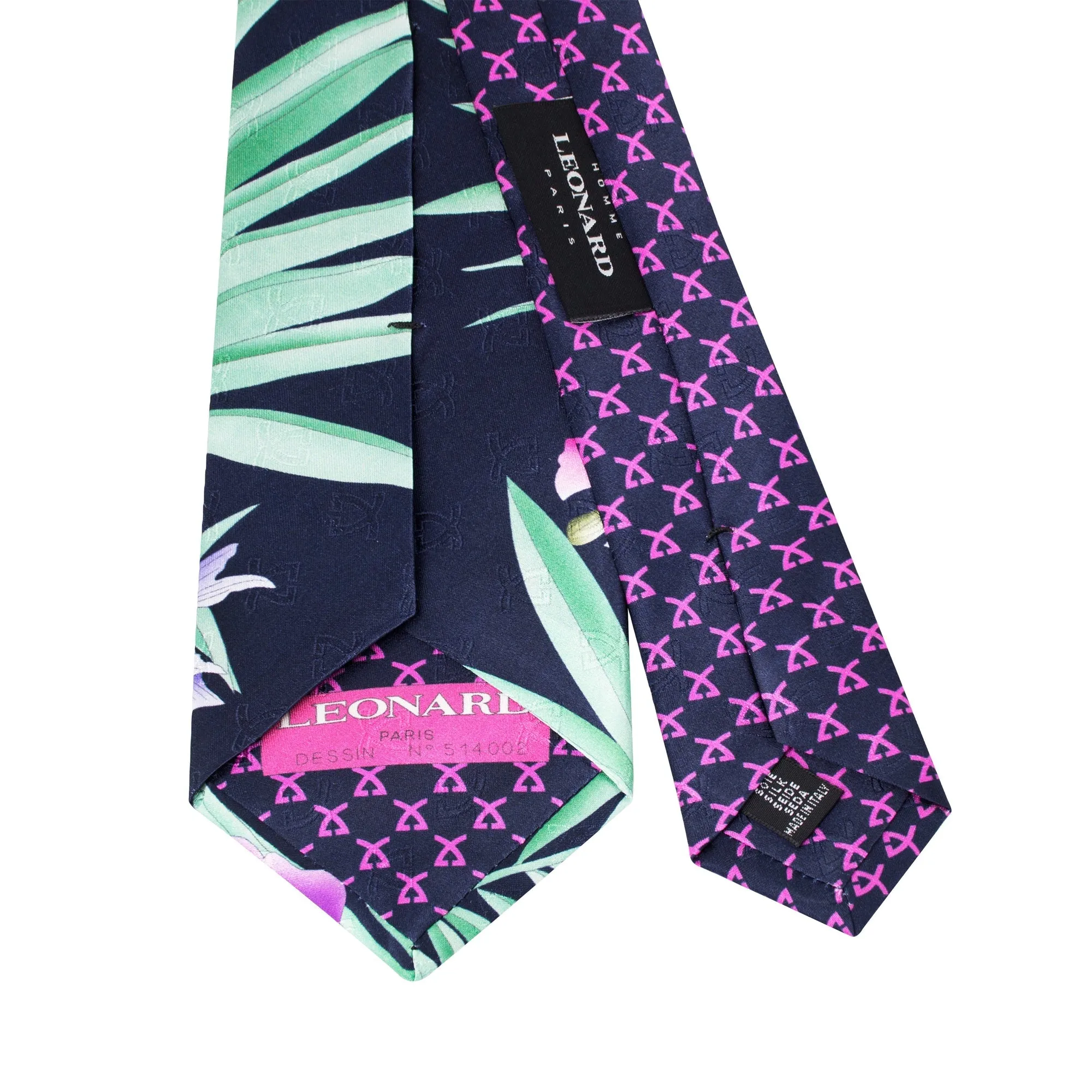 Leonard Navy Silk Satin 8cm Tie with Floral and Fish Prints