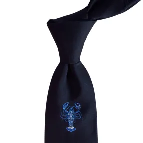 Lobster Embroidered Silk Satin Necktie in Navy Blue