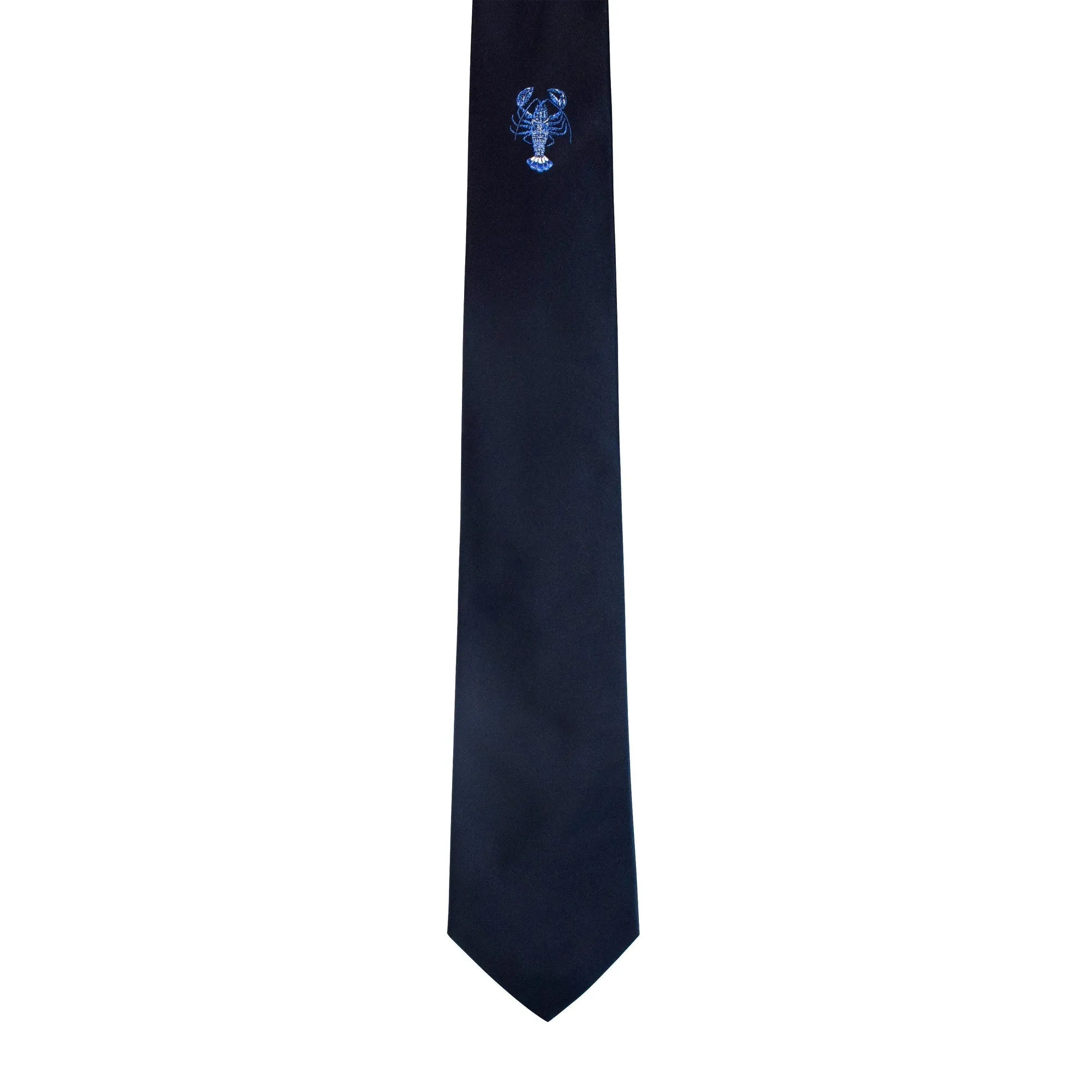 Lobster Embroidered Silk Satin Necktie in Navy Blue