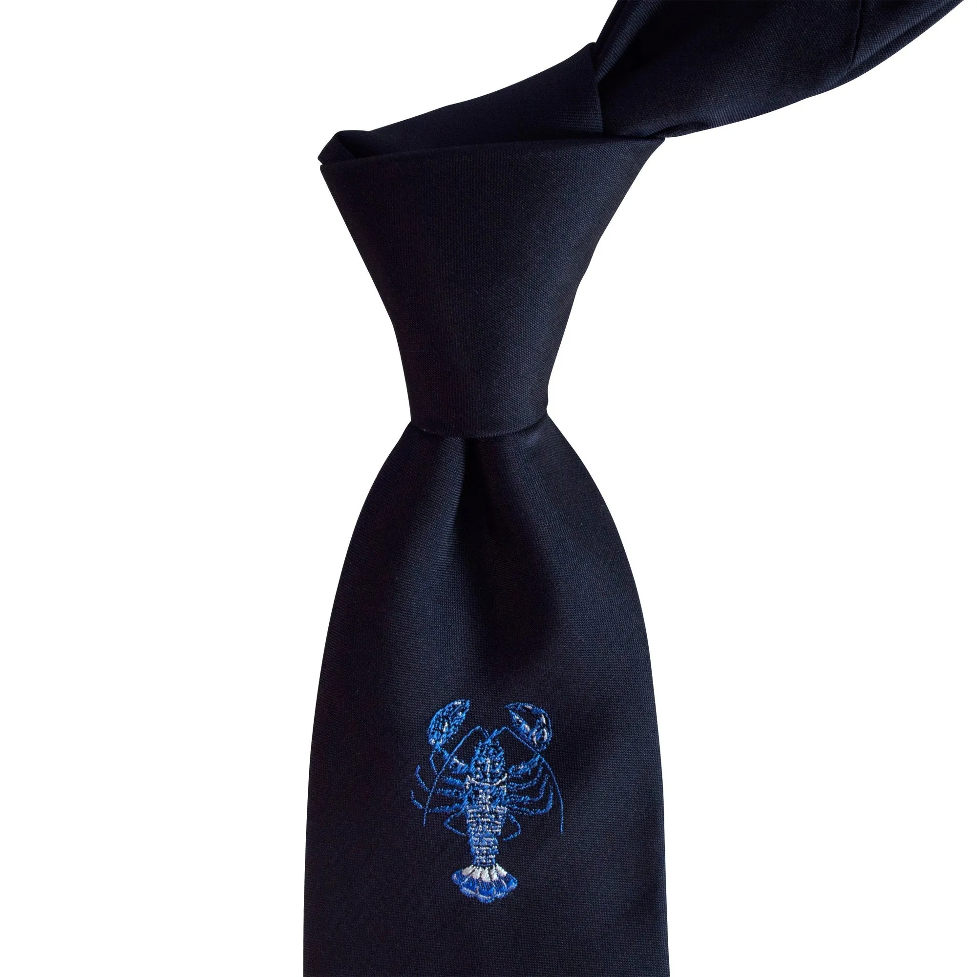 Lobster Embroidered Silk Satin Necktie in Navy Blue