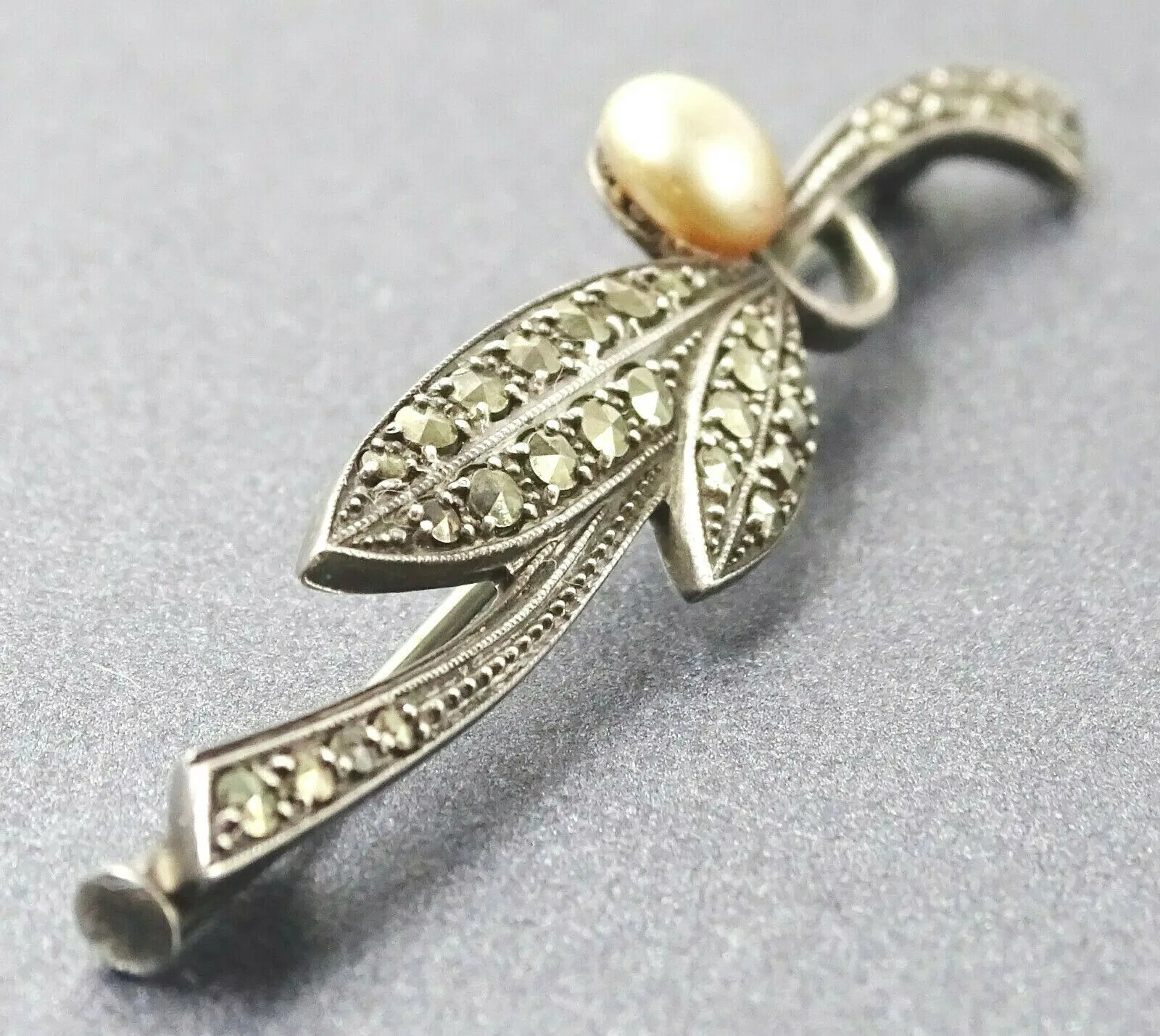 Marcasite & Pearl Sterling Silver Brooch