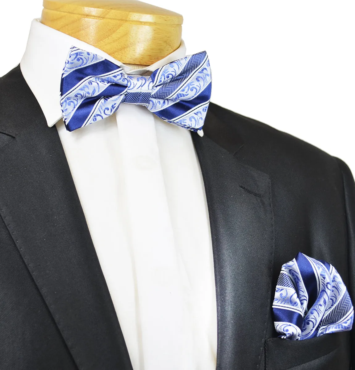 Mazarine Blue Striped Silk Bow Tie and Pocket Square Set