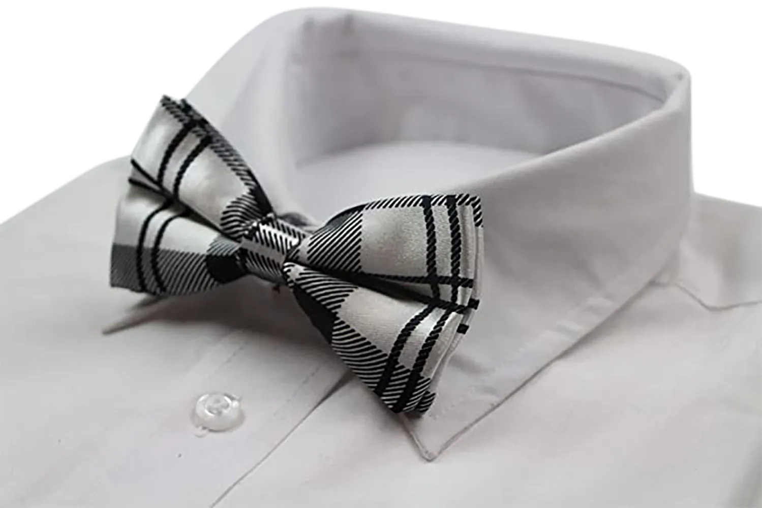 Mens Black & White Tarten Plaid Patterned Bow Tie