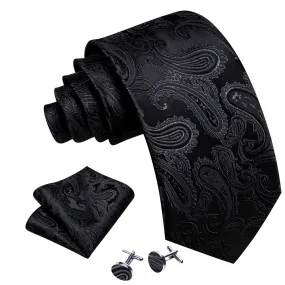 Men's Black Paisley 100% Silk Neck Tie With Matching Hanky And Cufflinks Set