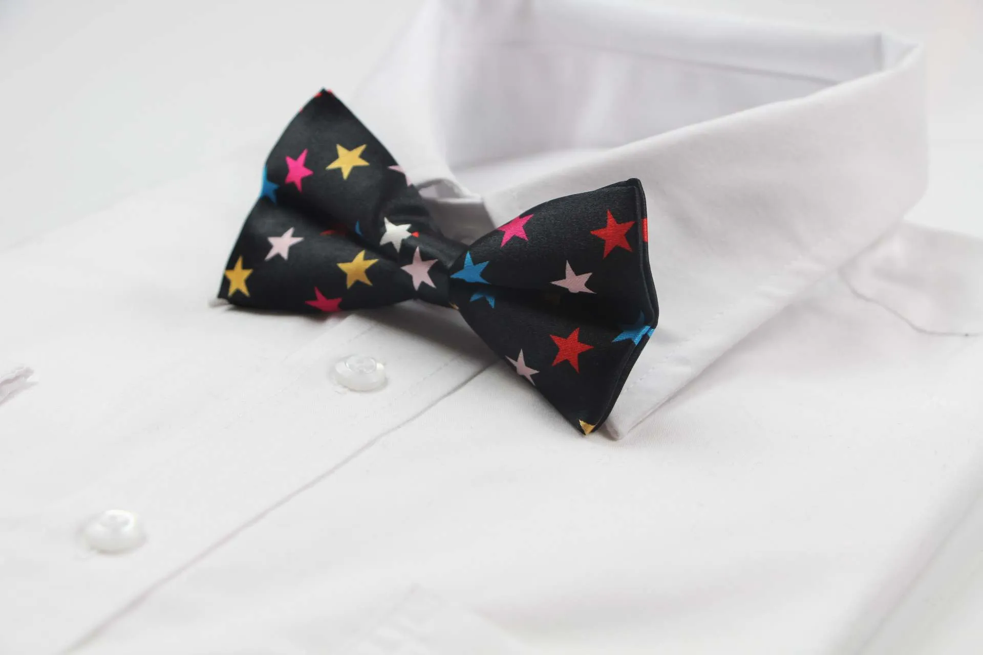 Mens Black With Multicoloured Stars Patterned Bow Tie