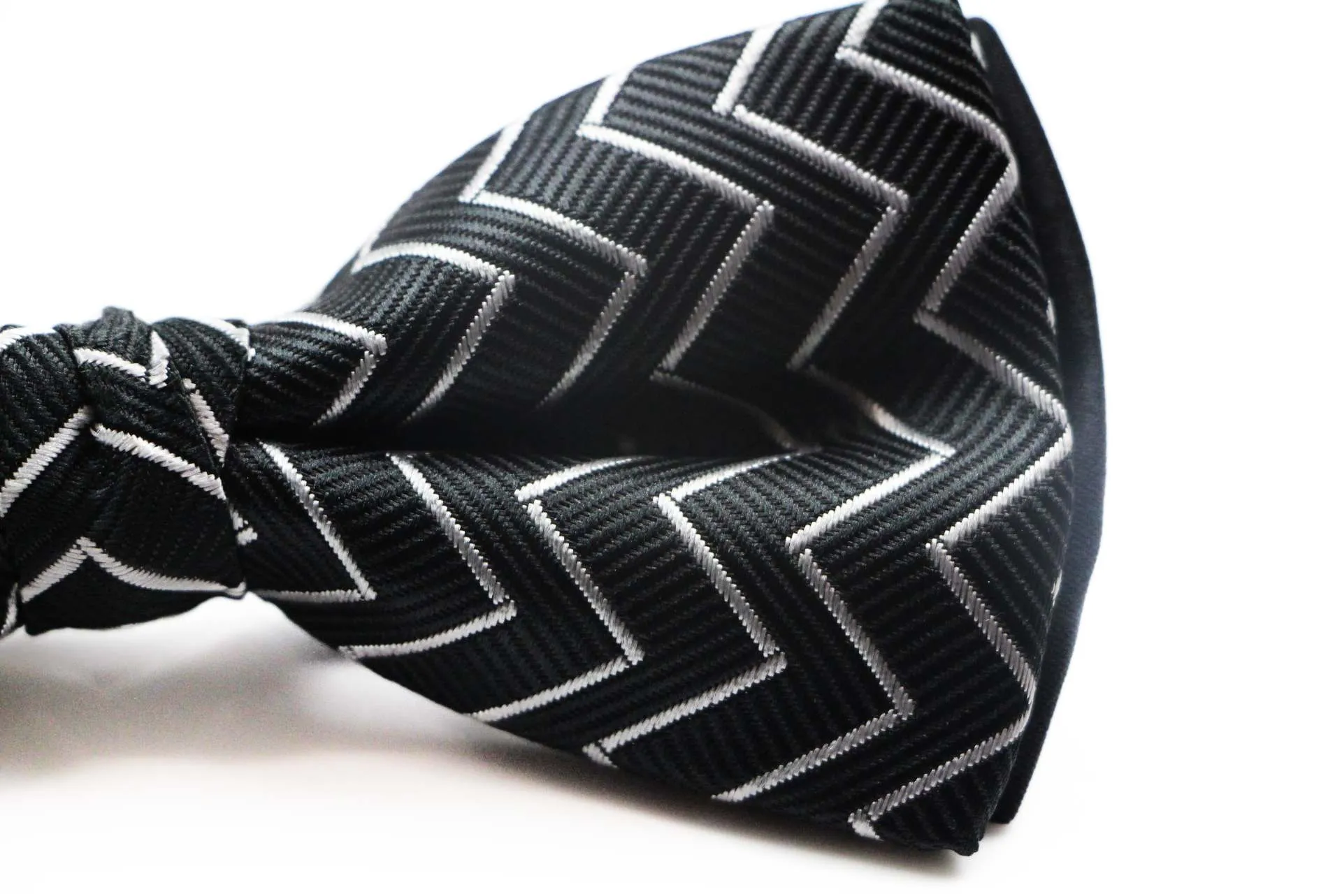 Mens Black With Silver Zig Zag Patterned Bow Tie