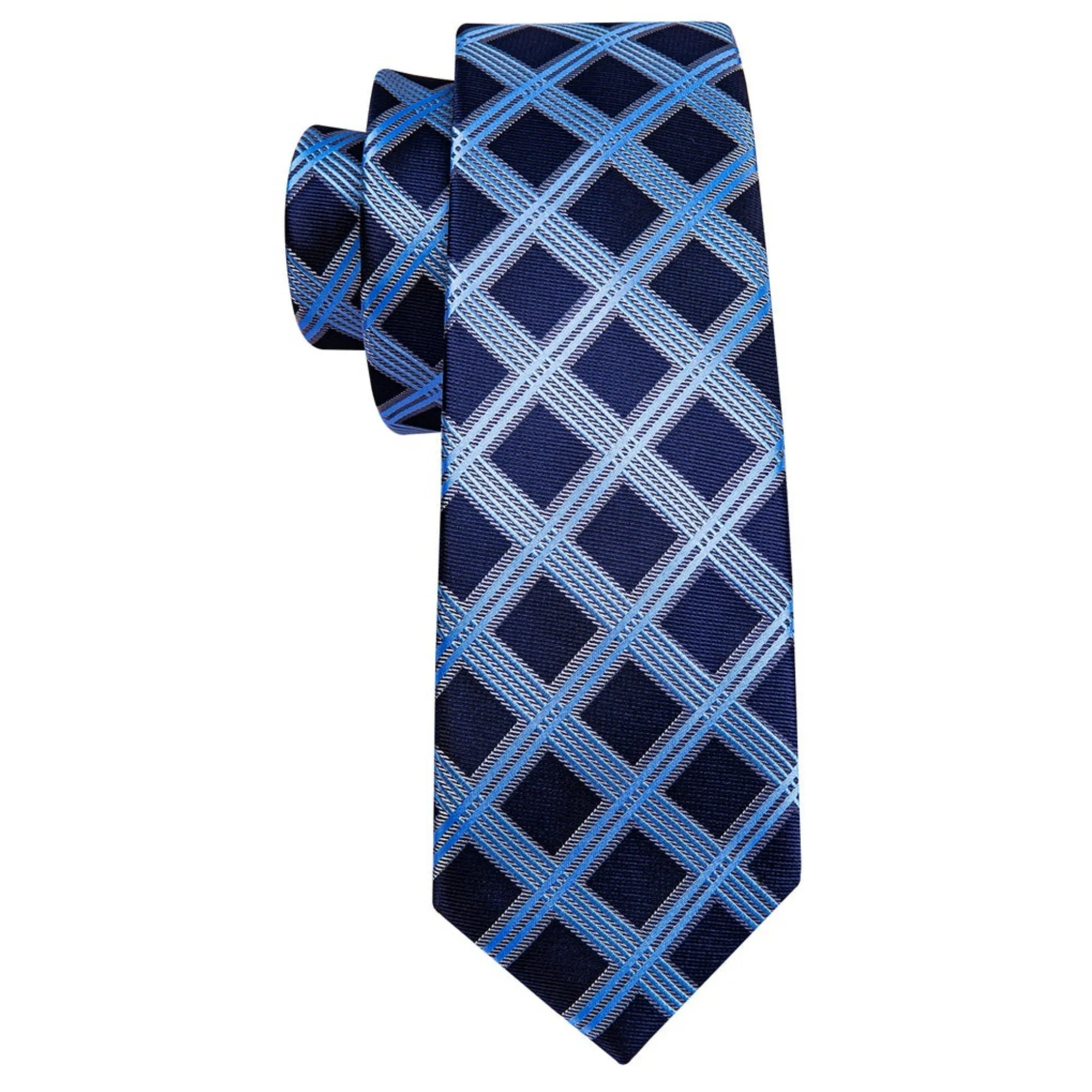 Men's Blue Plaid 100% Silk Neck Tie With Matching Hanky And Cufflinks Set