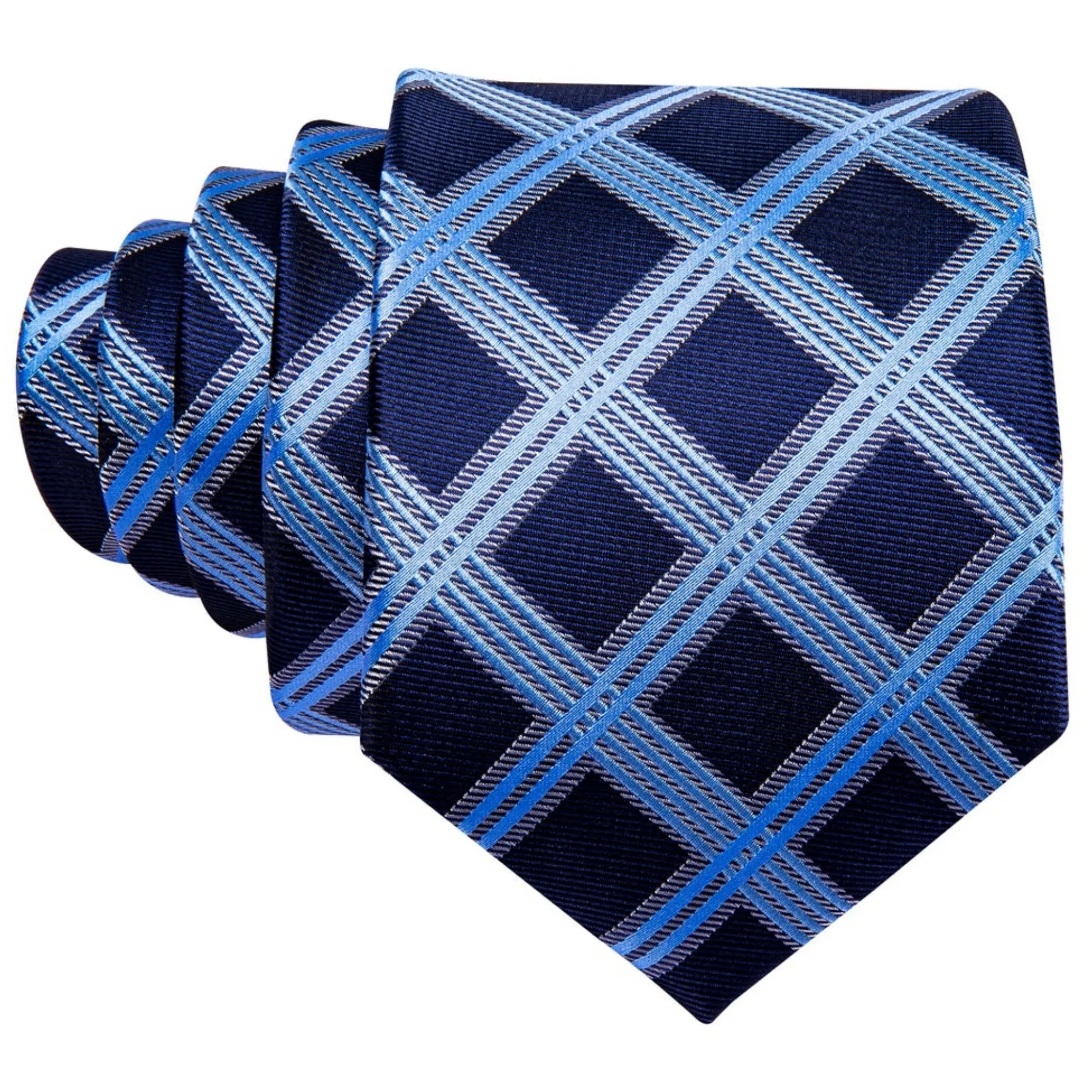 Men's Blue Plaid 100% Silk Neck Tie With Matching Hanky And Cufflinks Set