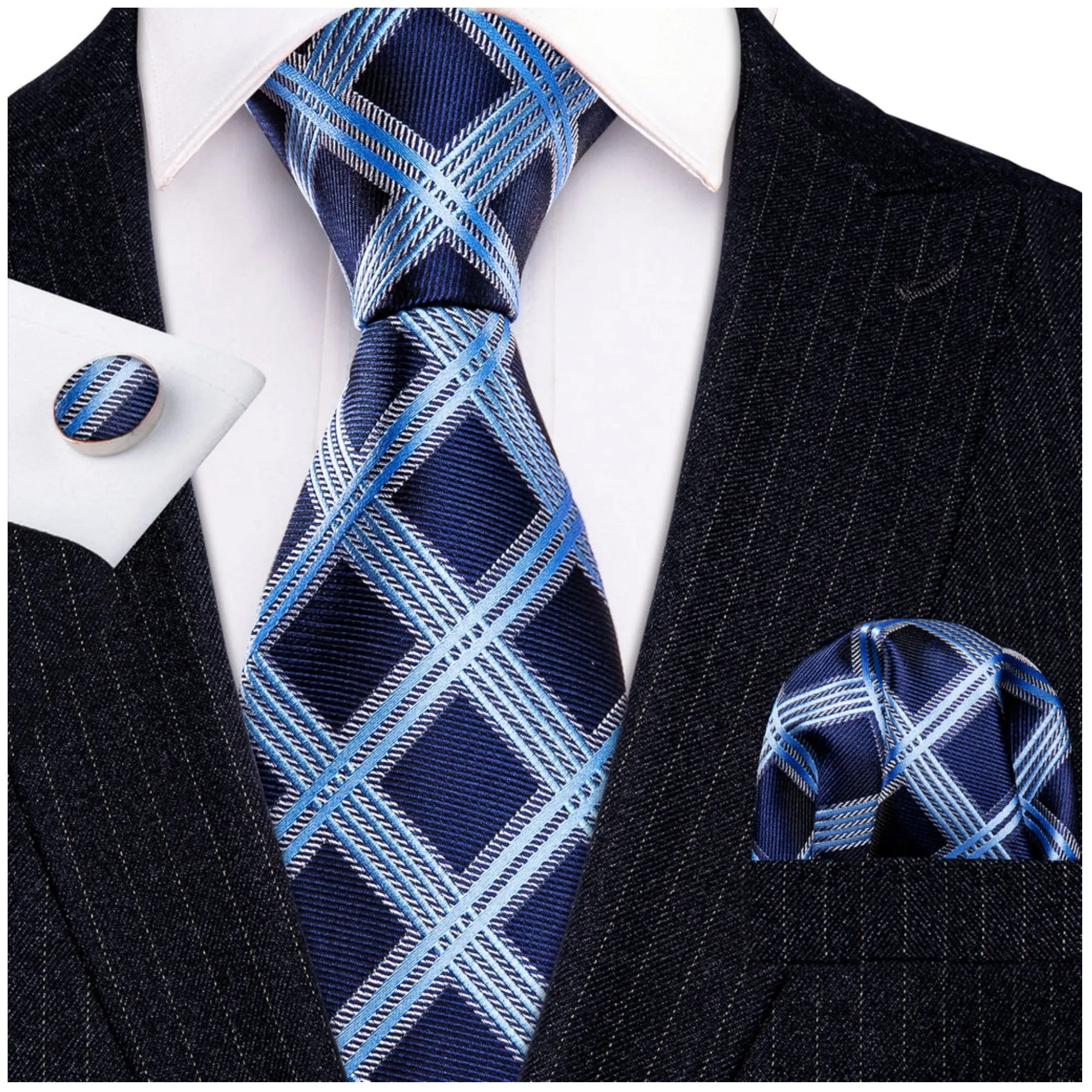 Men's Blue Plaid 100% Silk Neck Tie With Matching Hanky And Cufflinks Set