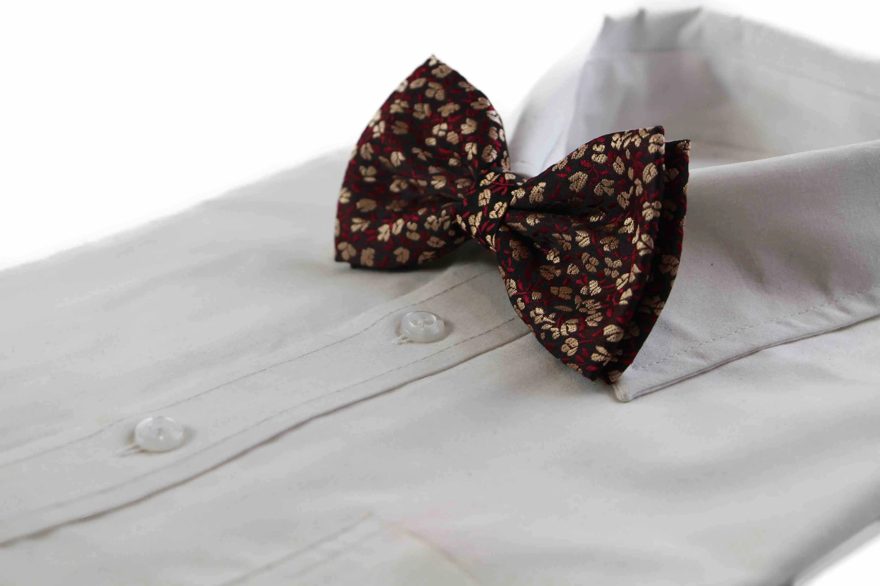 Mens Dark Red Brown Floral Patterned Bow Tie