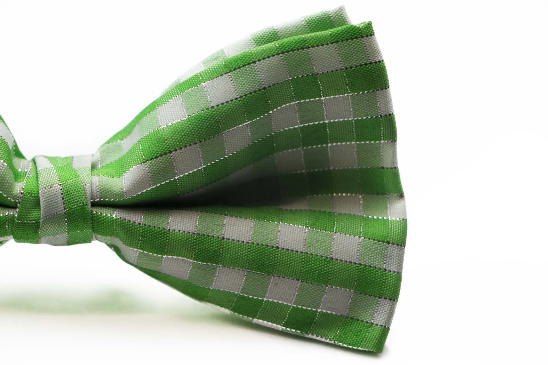 Mens Green & White Plaid Patterned Tinsel Bow Tie