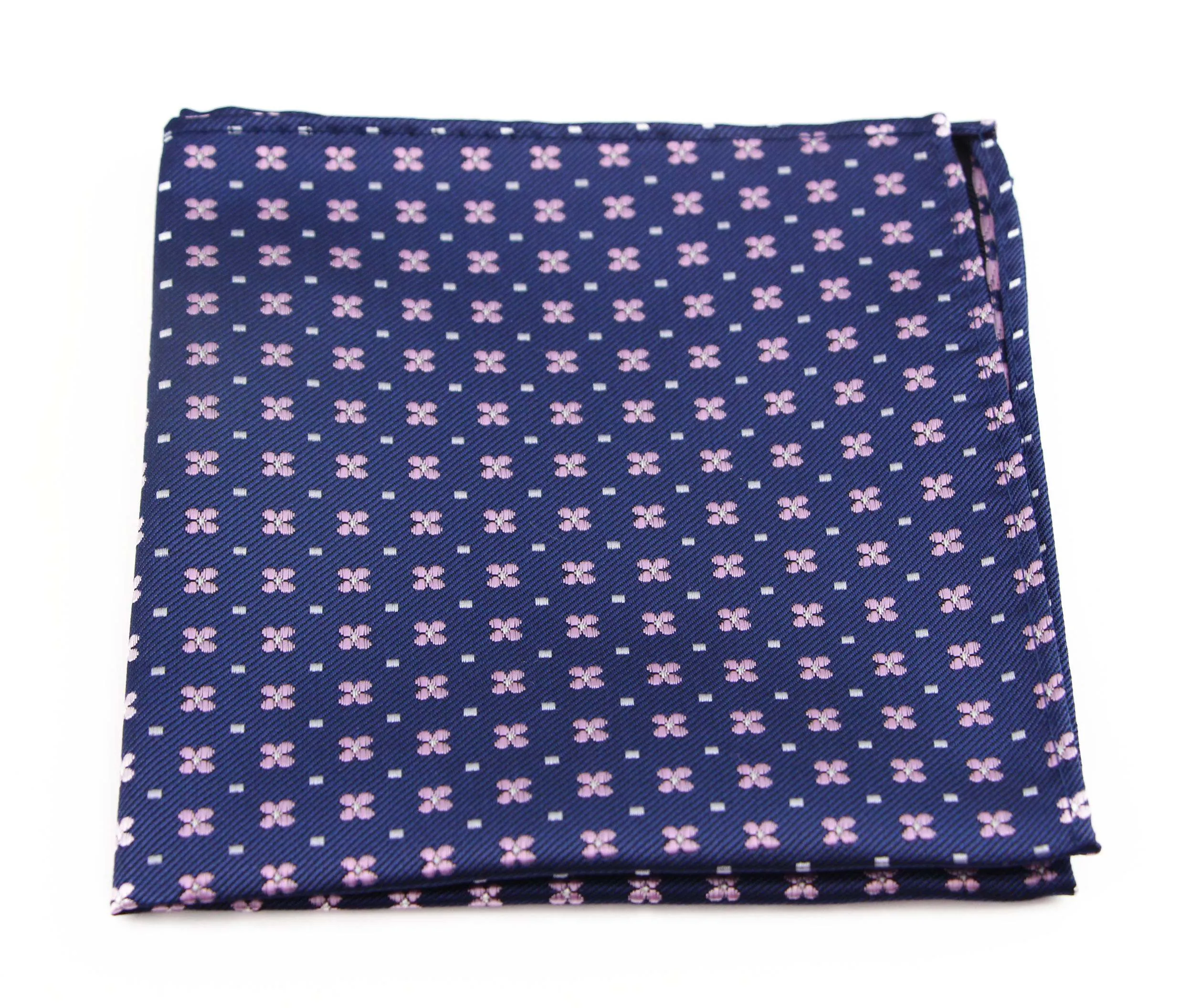 Mens Navy & Baby Pink Flower Silk Pocket Square