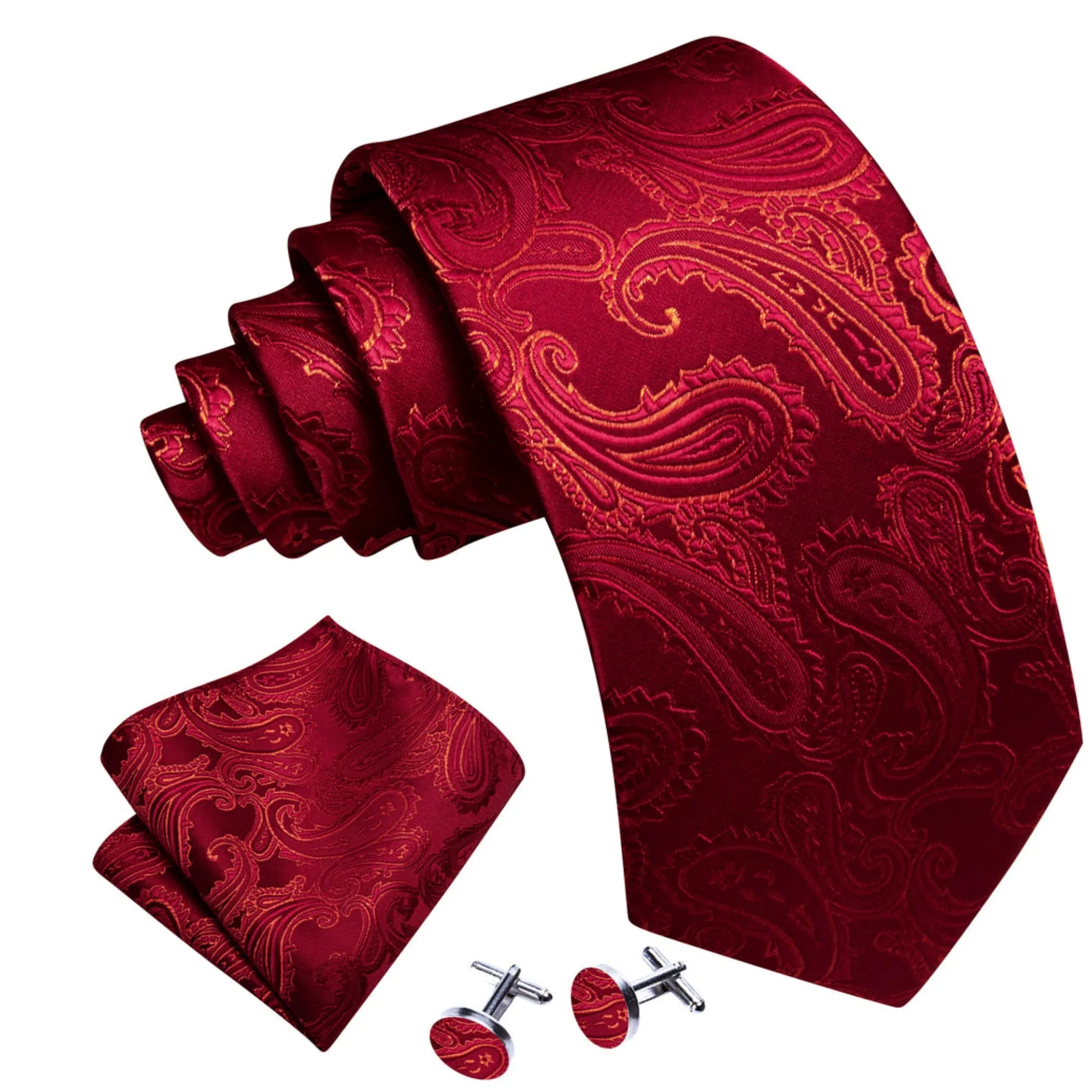 Men's Red Paisley 100% Silk Neck Tie With Matching Hanky And Cufflinks Set