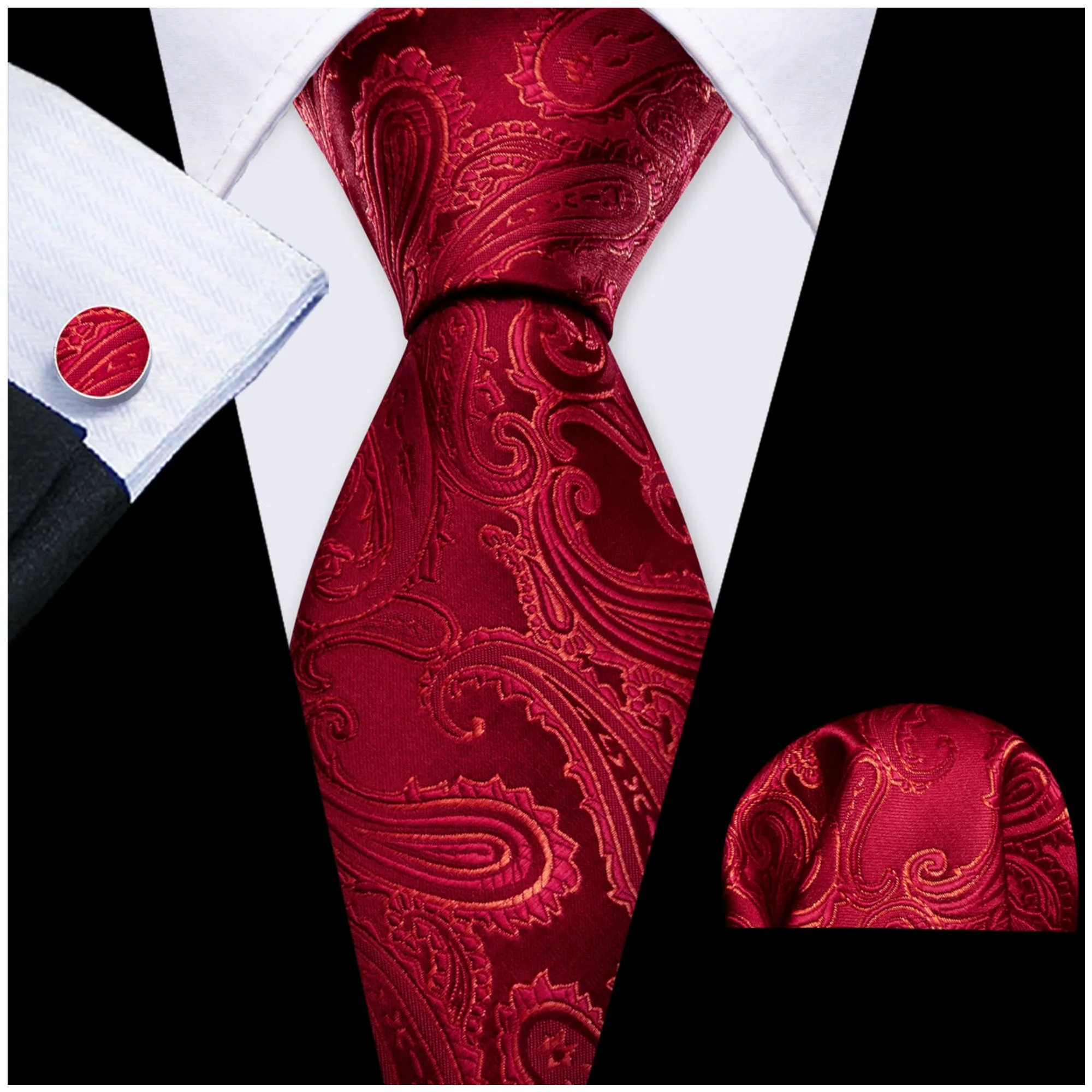 Men's Red Paisley 100% Silk Neck Tie With Matching Hanky And Cufflinks Set