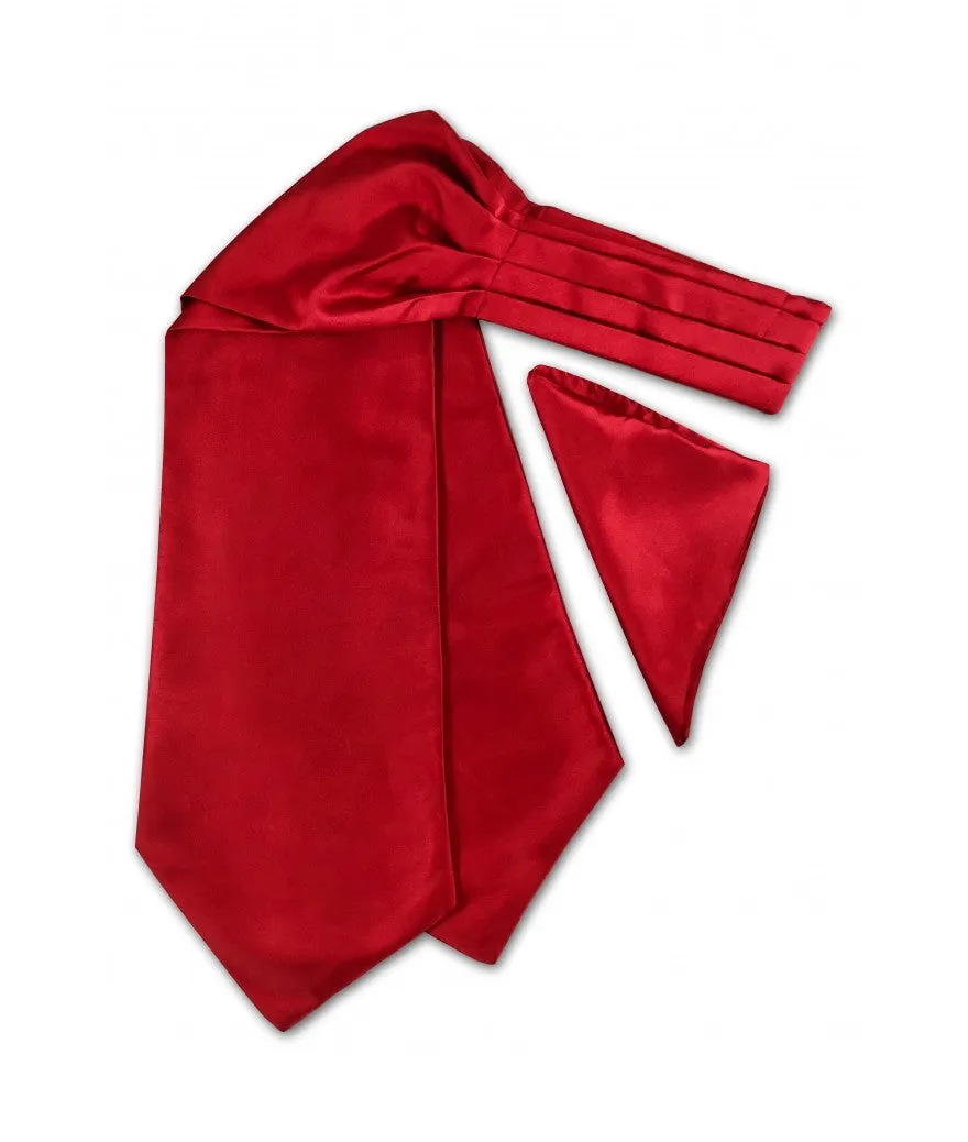 Men's Solid Red Color Silk Ascot Ties with Pocket Square